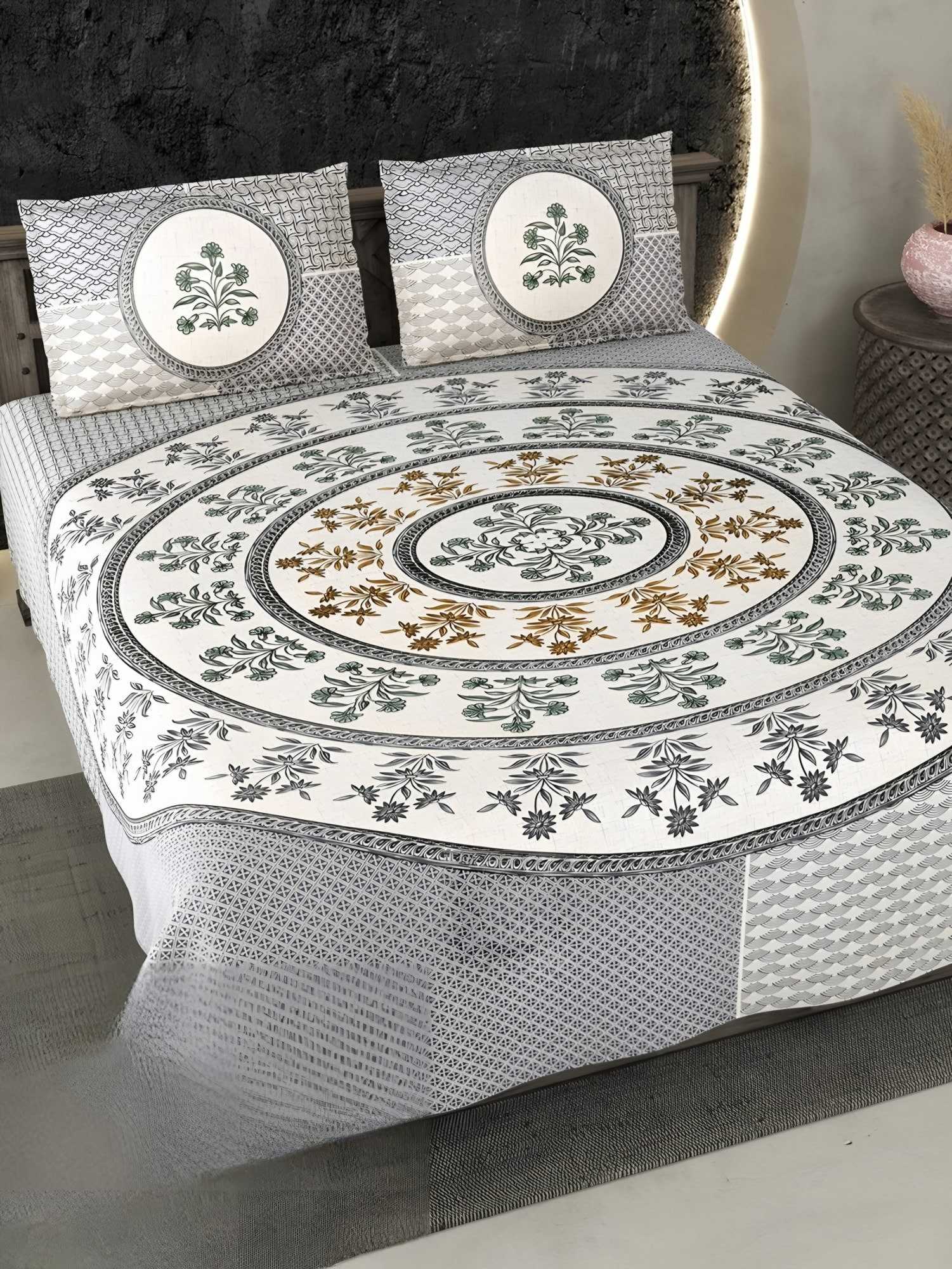 Ecuador Mandala Cotton Bedsheet Set in Charcoal (EC-13) on a made bed