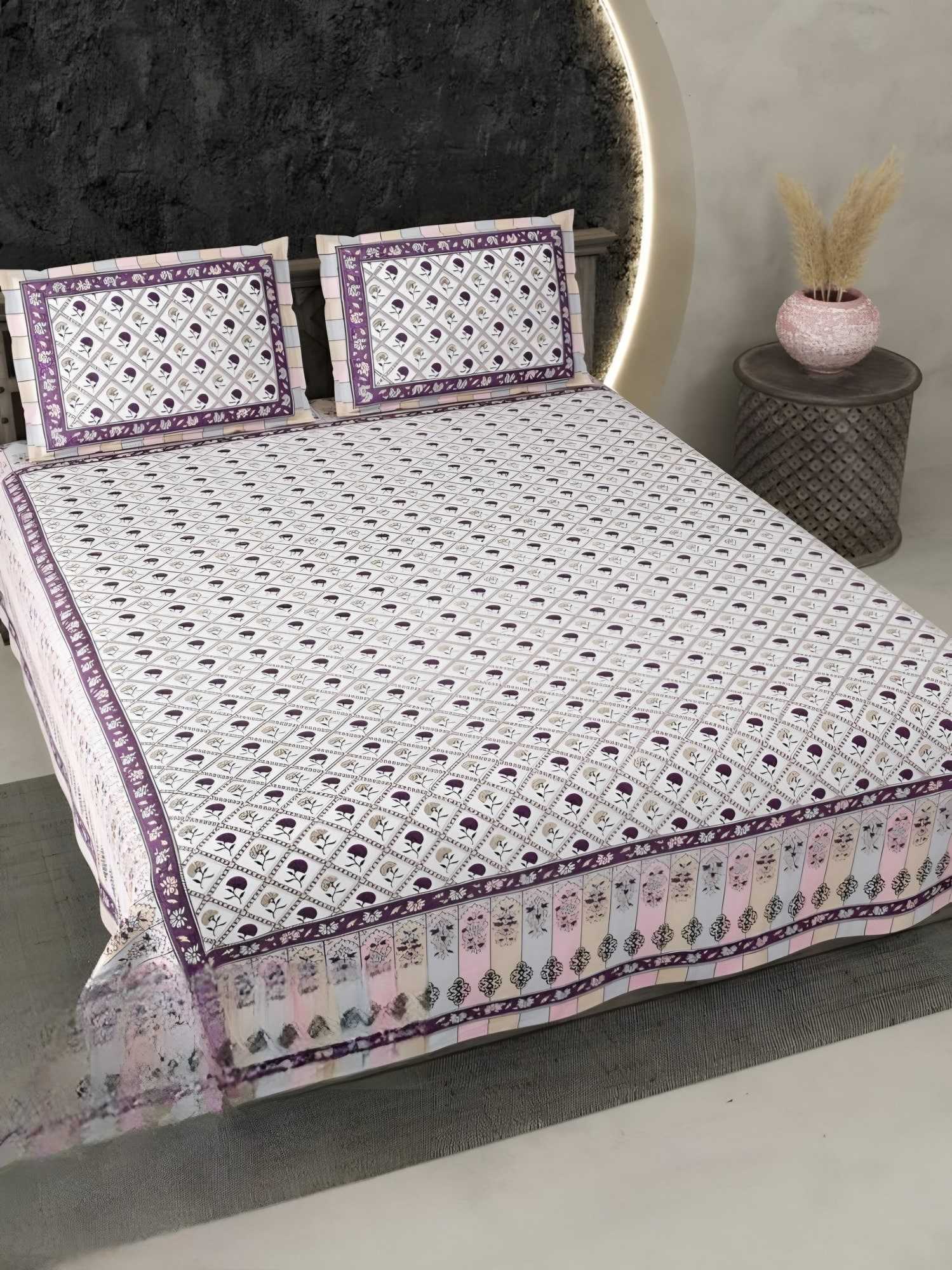 Ecuador Border Buti Cotton Bedsheet Set in Lilac (EC-14) on a made bed
