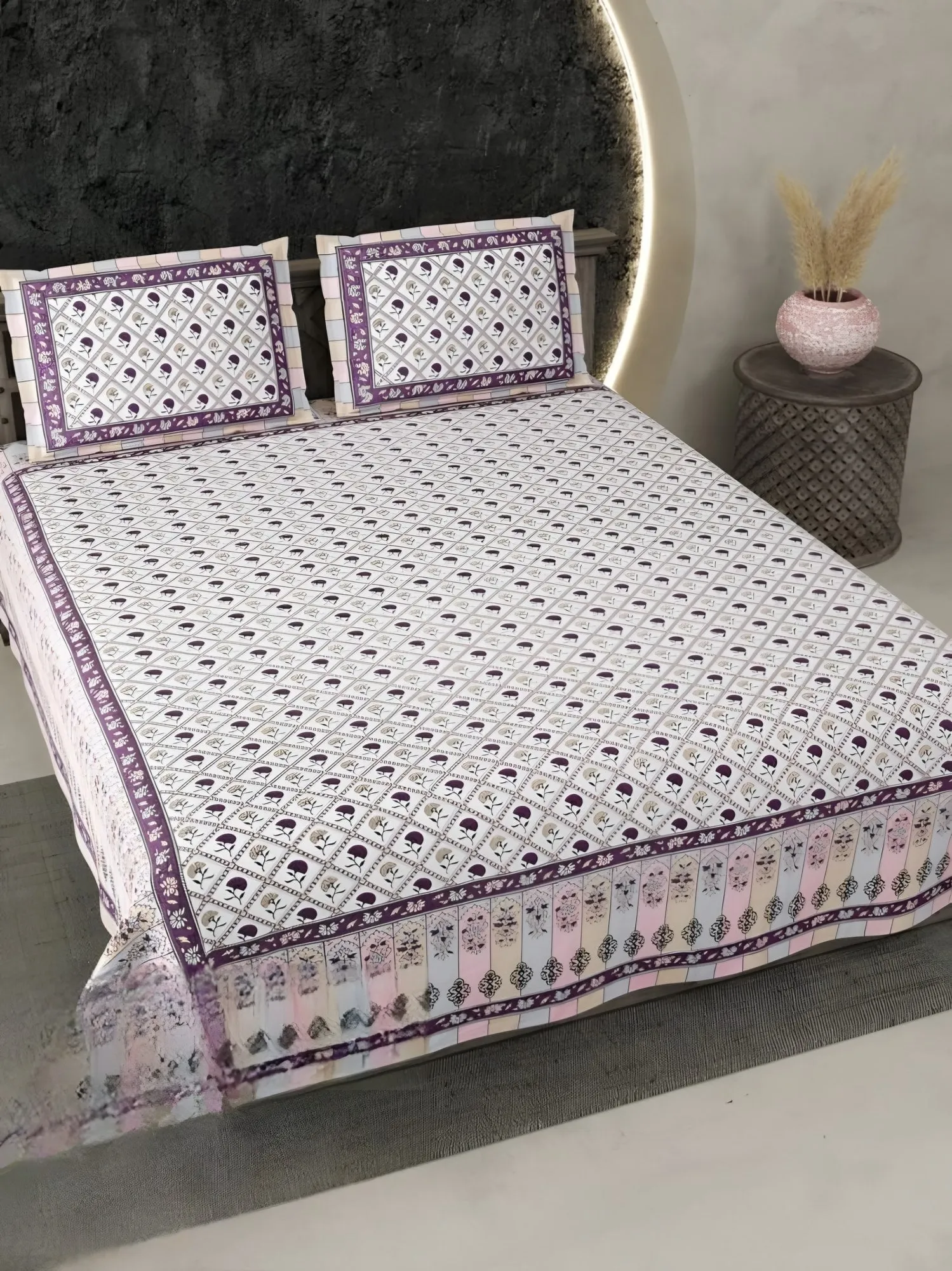 Ecuador Border Buti Cotton Bedsheet Set in Lilac (EC-14) on a made bed