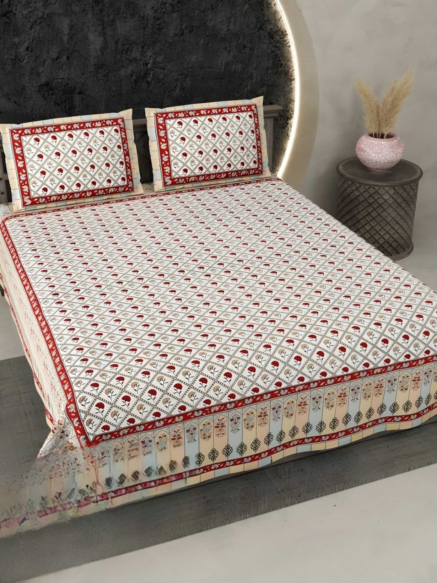 Ecuador Border Buti Cotton Bedsheet Set in Red (EC-15) on a made bed