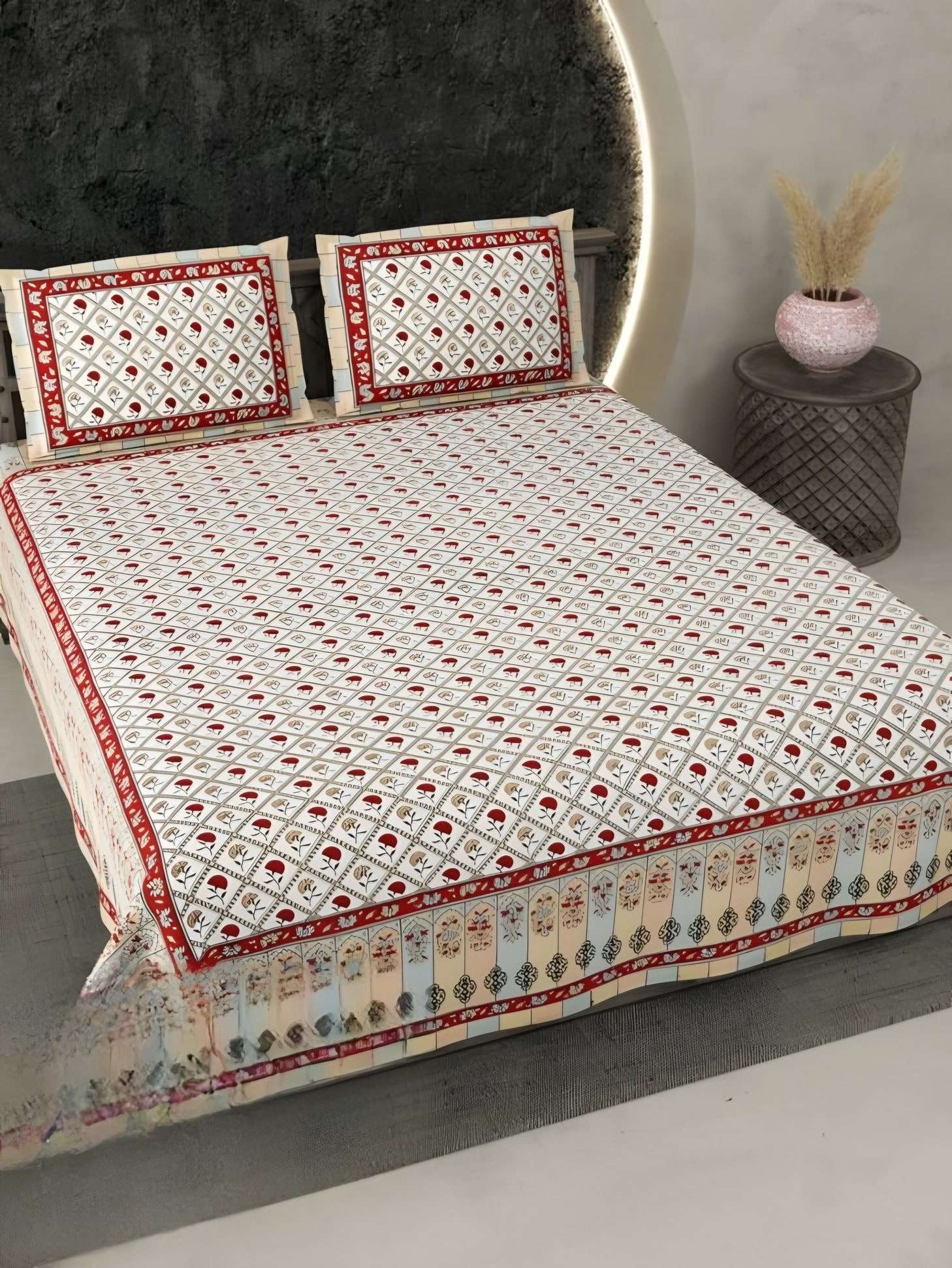 Ecuador Border Buti Cotton Bedsheet Set in Red (EC-15) on a made bed