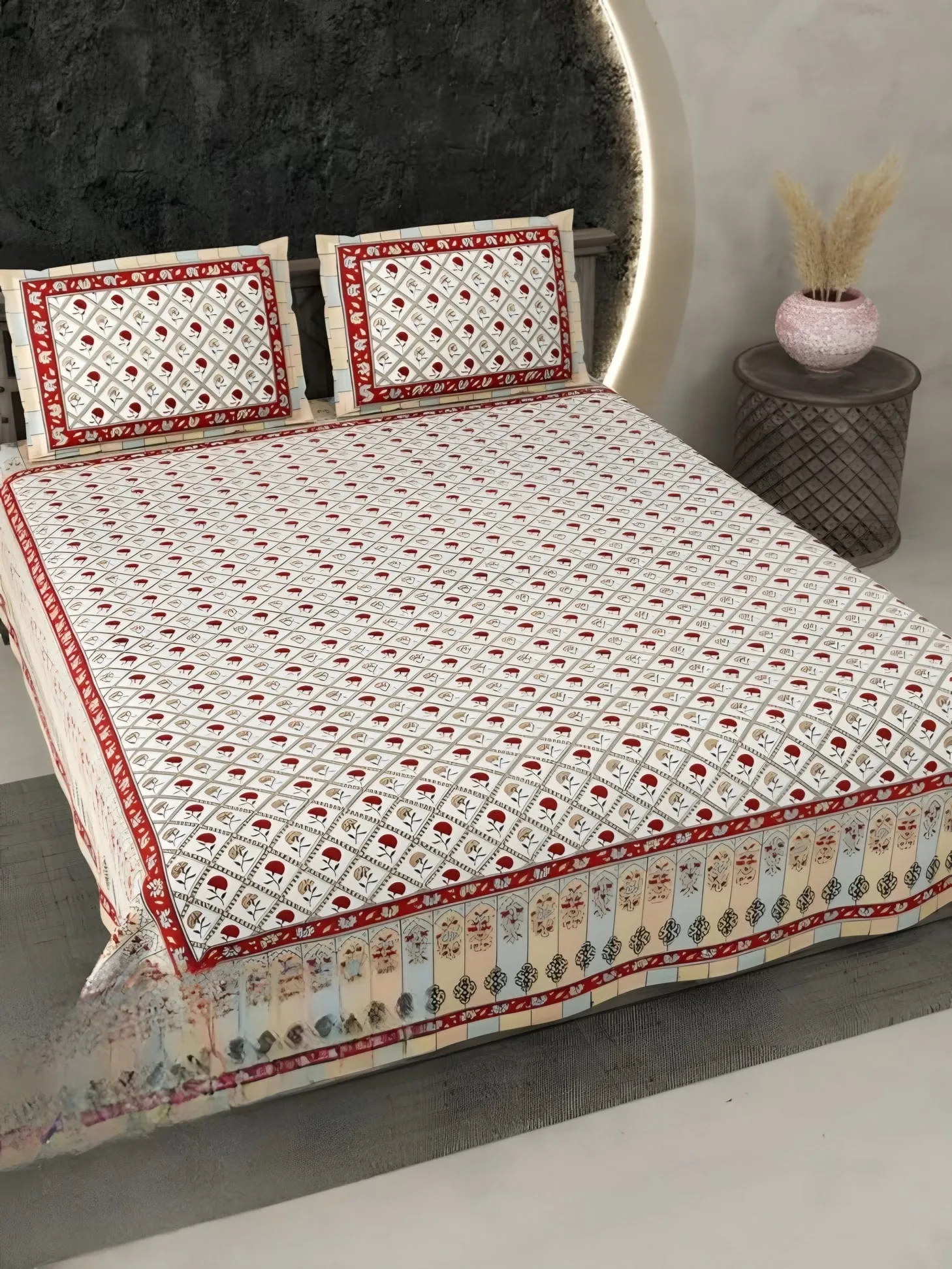 Ecuador Border Buti Cotton Bedsheet Set in Red (EC-15) on a made bed