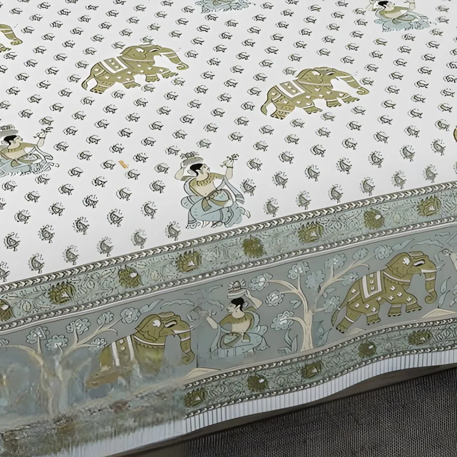 Close-up of the border buti print in Sage (EC-16)