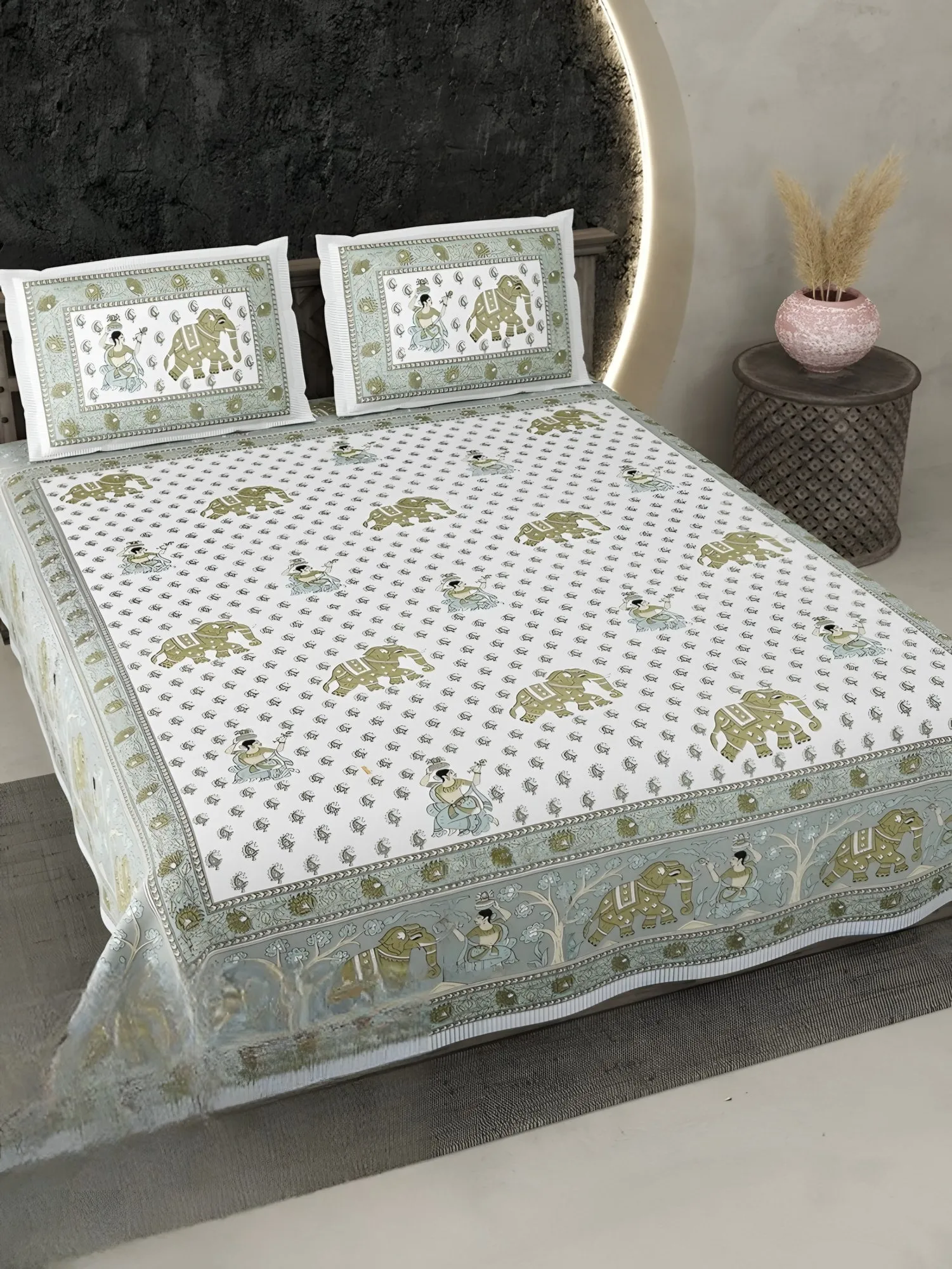 Ecuador Border Buti Cotton Bedsheet Set in Sage (EC-16) on a made bed
