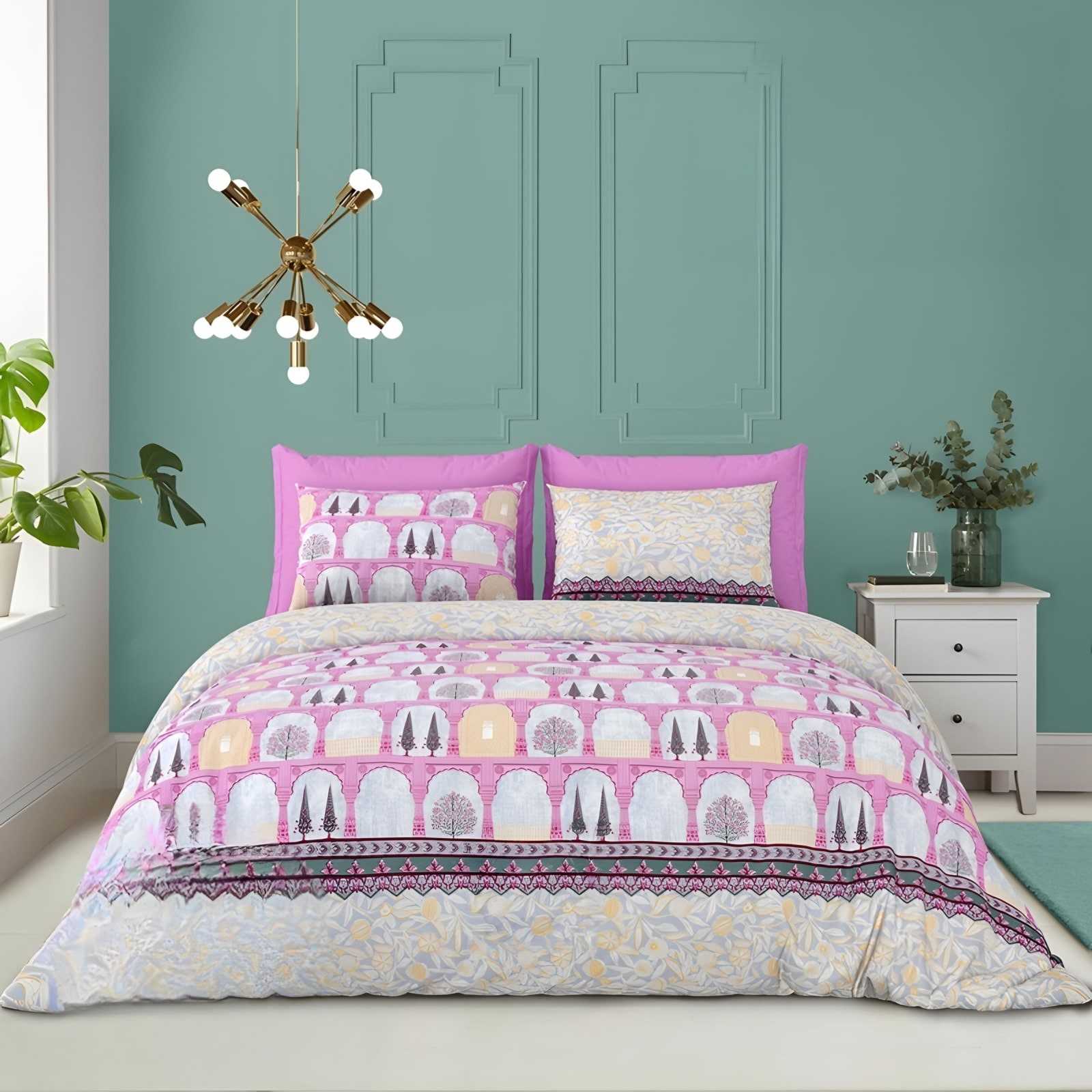 Gold Print Arch Garden Cotton Bedsheet Set in Pink (GL-01) on a made bed