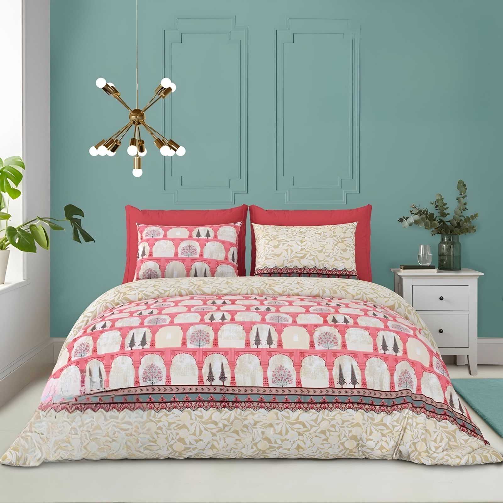 Gold Print Arch Garden Cotton Bedsheet Set in Coral (GL-02) on a made bed