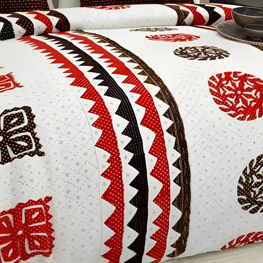 Close-up of red triangle borders and a patch medallion on white cotton (Gujri Patch Triangle Medallion)