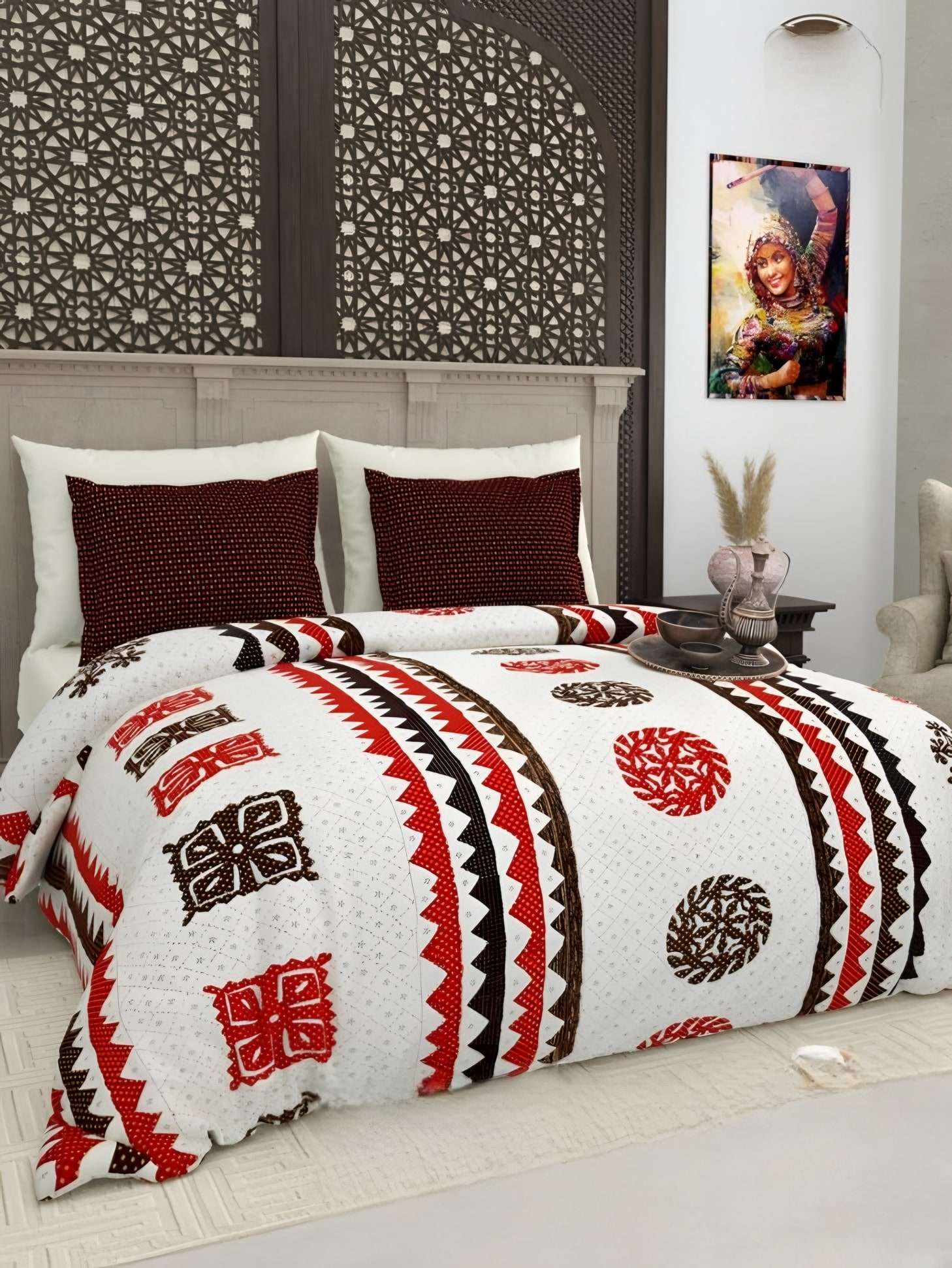 Gujri Patch Triangle Medallion Cotton Bedsheet Set in Red (GP-01) on a made bed