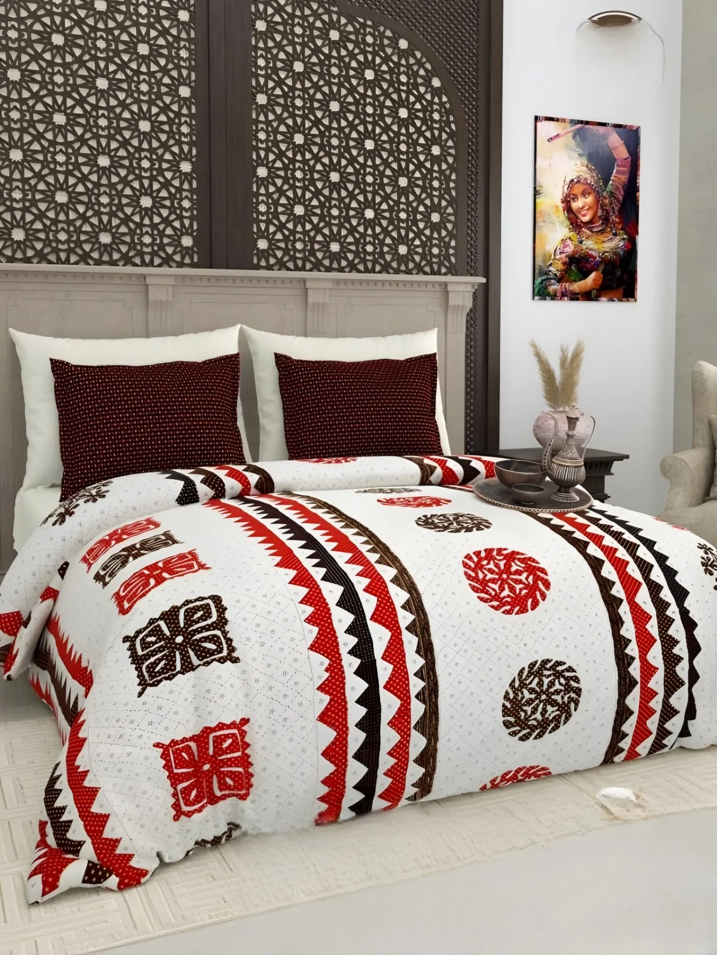 Gujri Patch Triangle Medallion Cotton Bedsheet Set in Red (GP-01) on a made bed