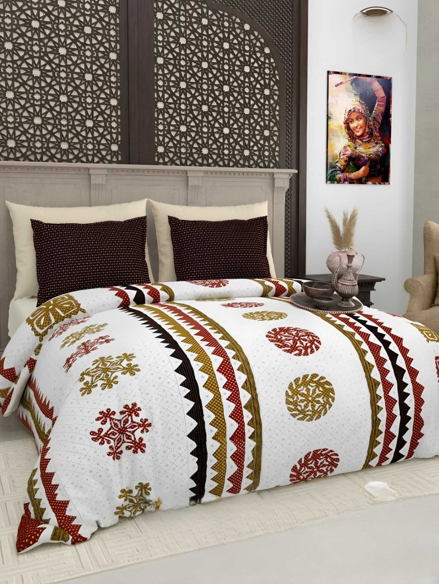 Gujri Patch Triangle Medallion Cotton Bedsheet Set in Gold (GP-02) on a made bed