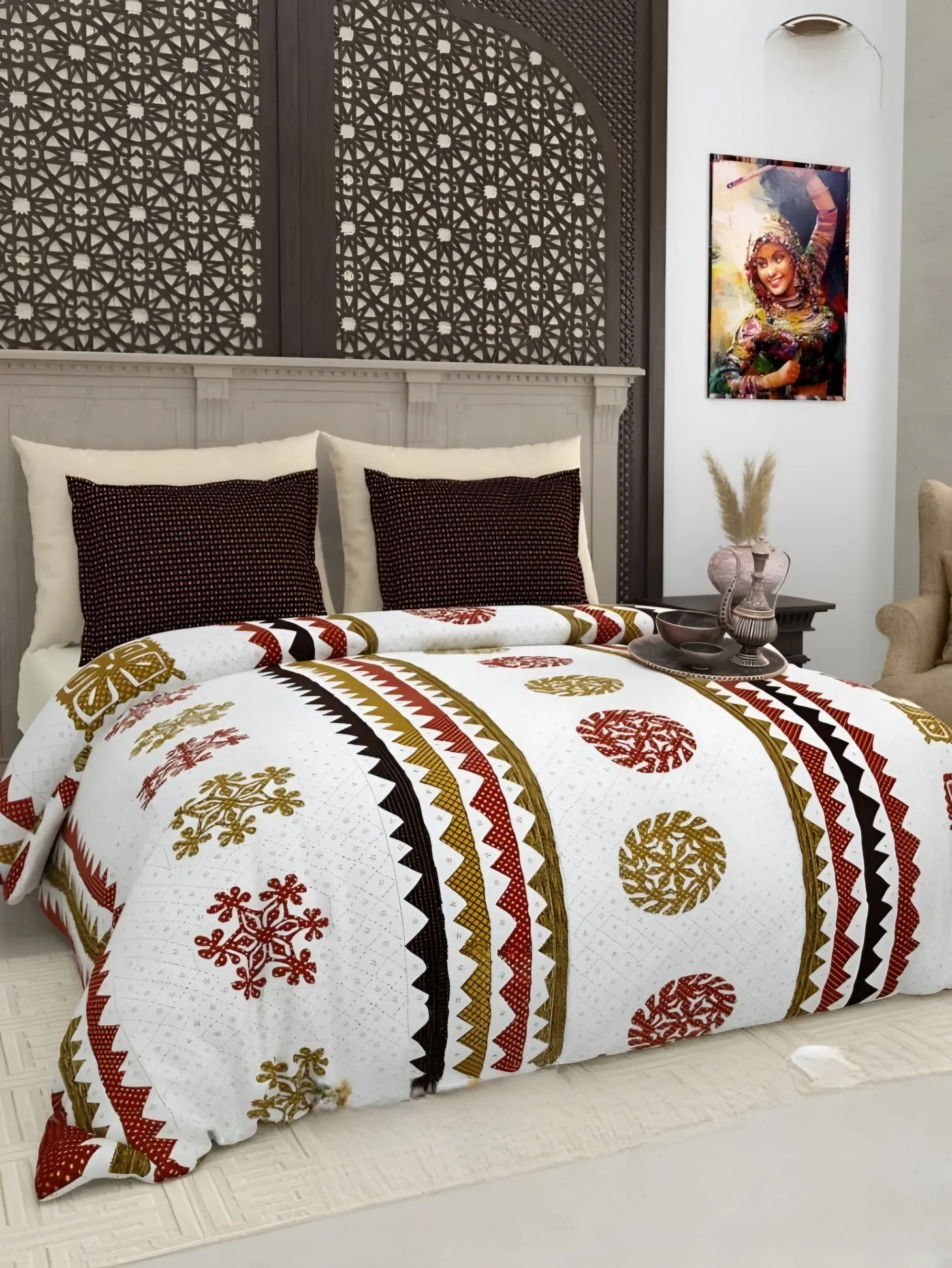 Gujri Patch Triangle Medallion Cotton Bedsheet Set in Gold (GP-02) on a made bed