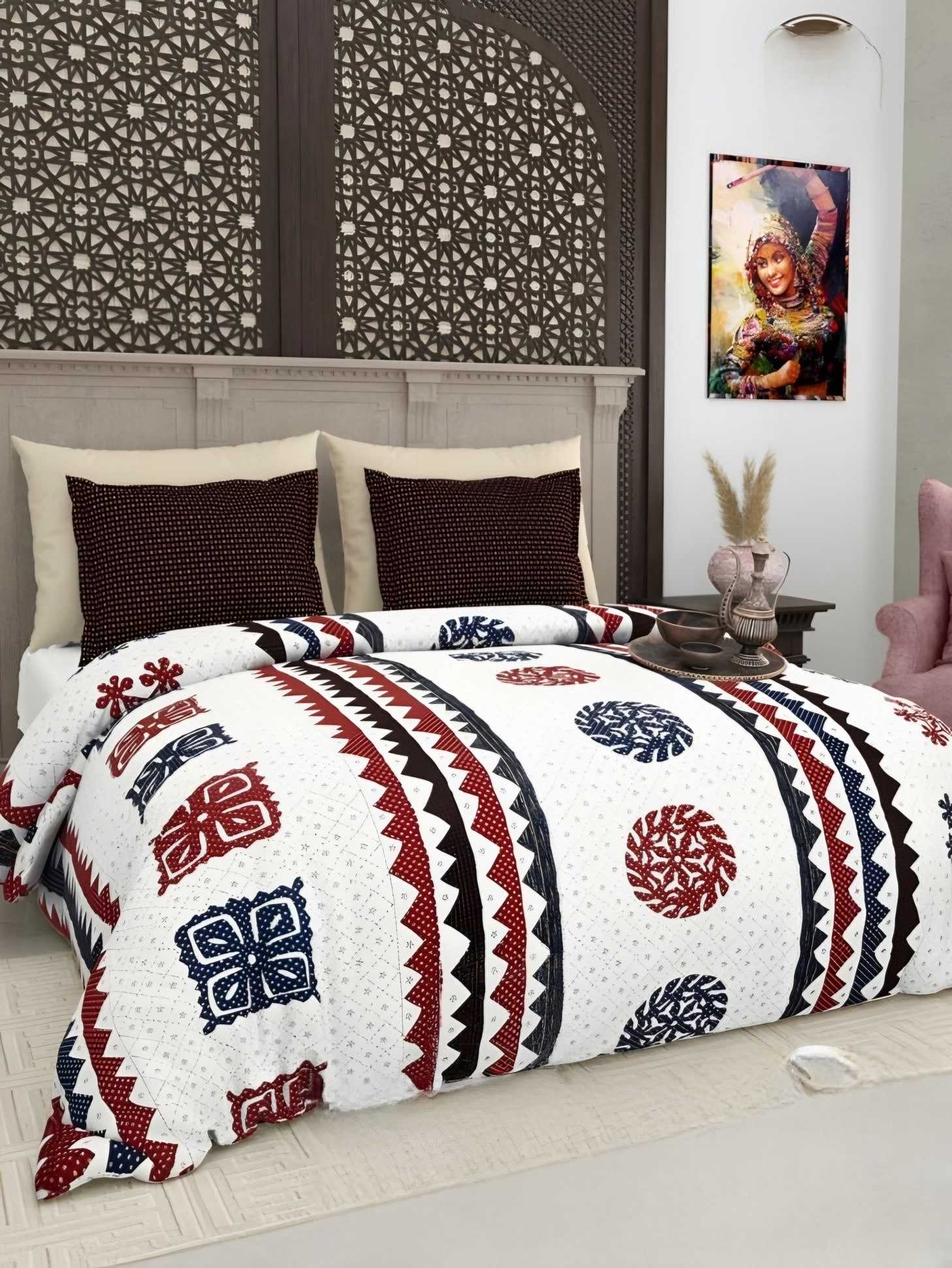 Gujri Patch Triangle Medallion Cotton Bedsheet Set in Navy (GP-03) on a made bed