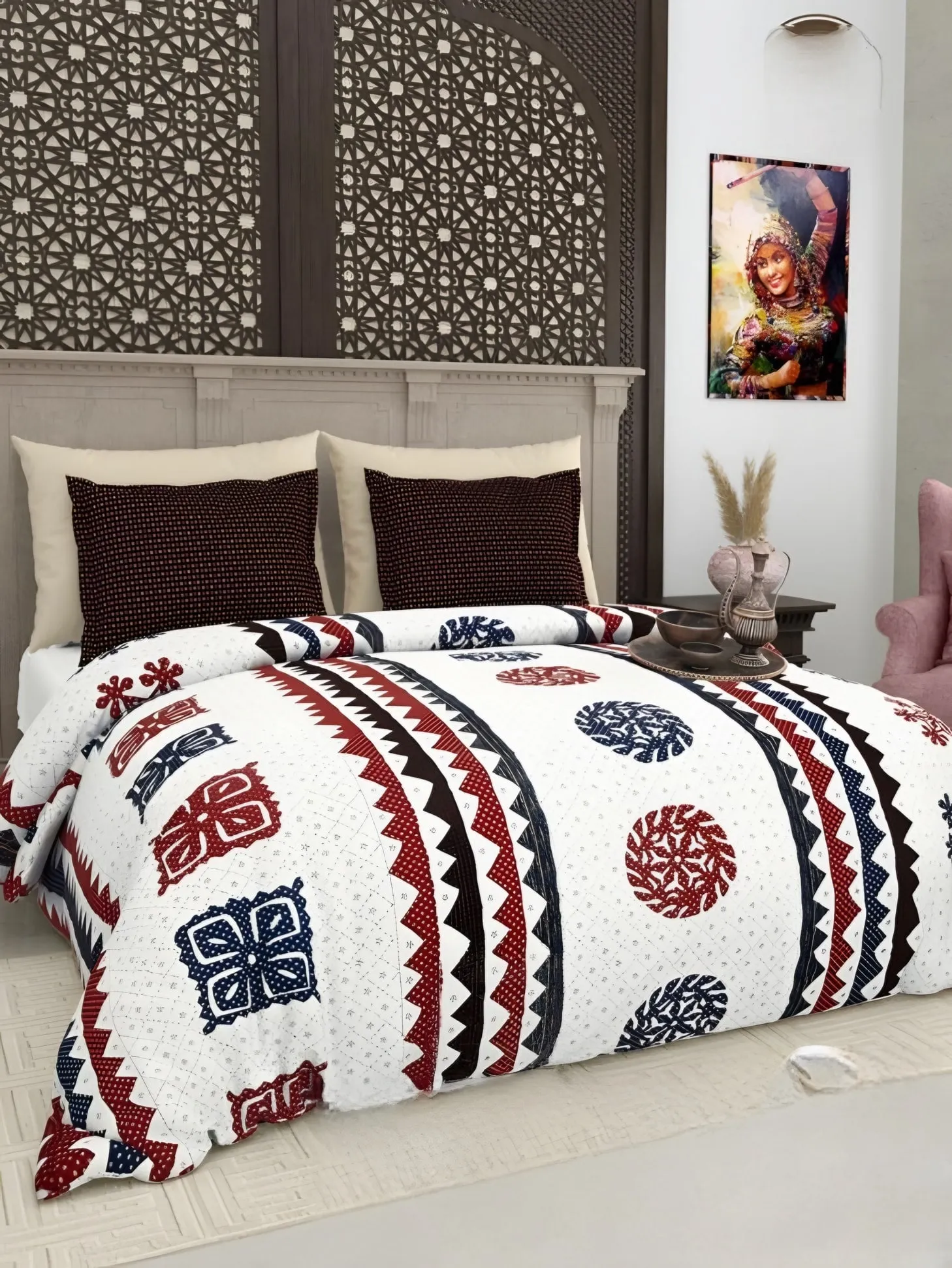 Gujri Patch Triangle Medallion Cotton Bedsheet Set in Navy (GP-03) on a made bed