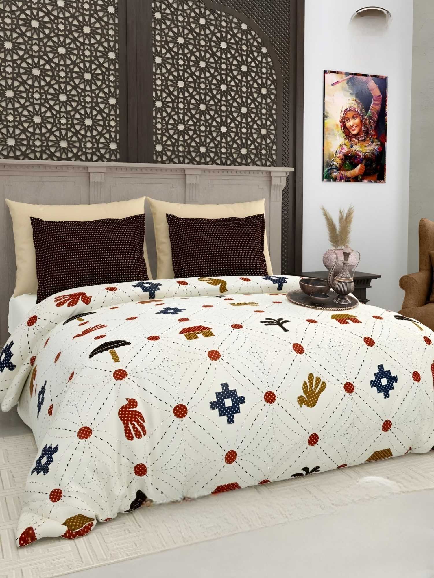 Gujri Patch Folk Icons Cotton Bedsheet Set in Multicolour (GP-05) on a made bed