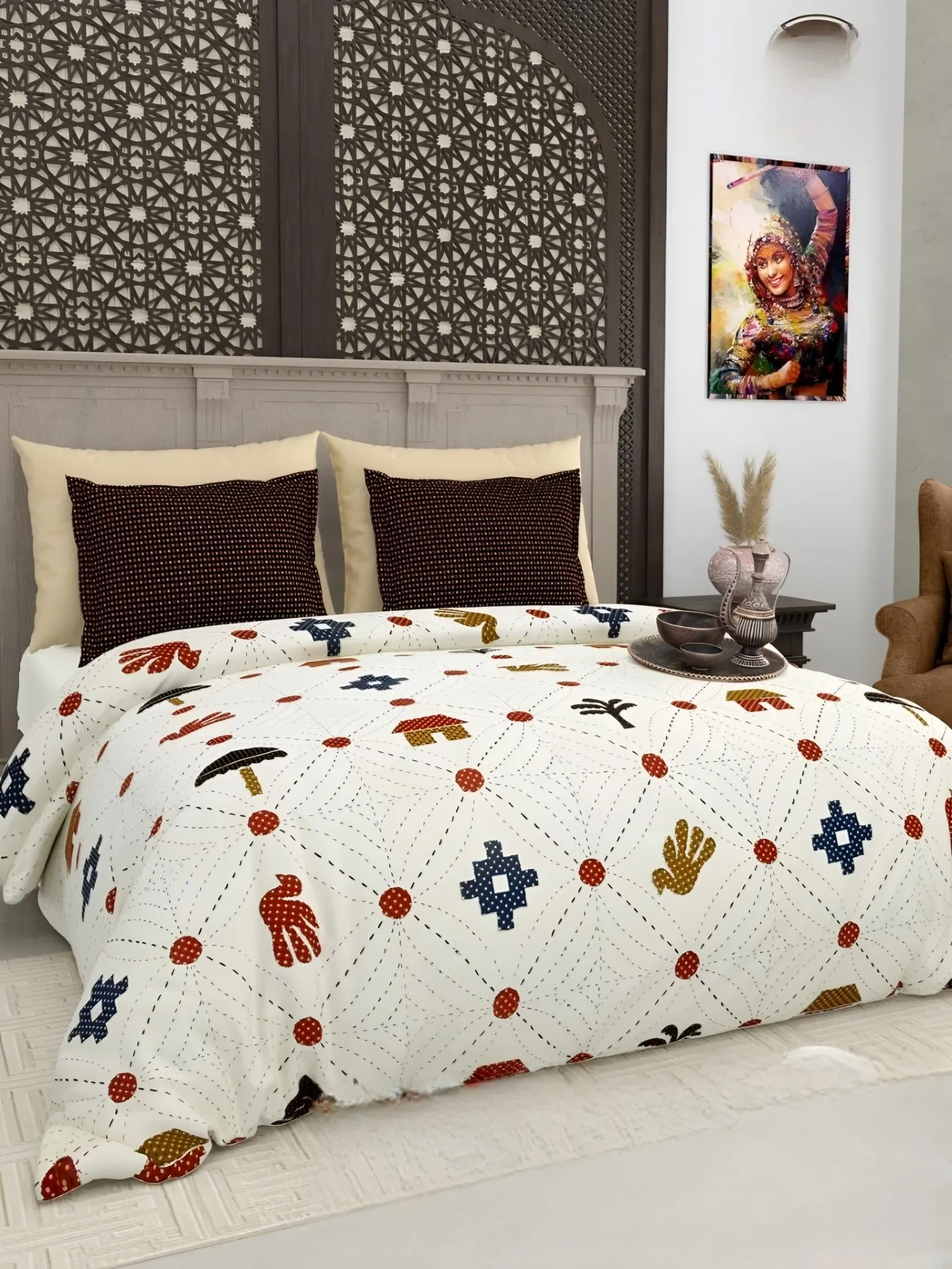 Gujri Patch Folk Icons Cotton Bedsheet Set in Multicolour (GP-05) on a made bed