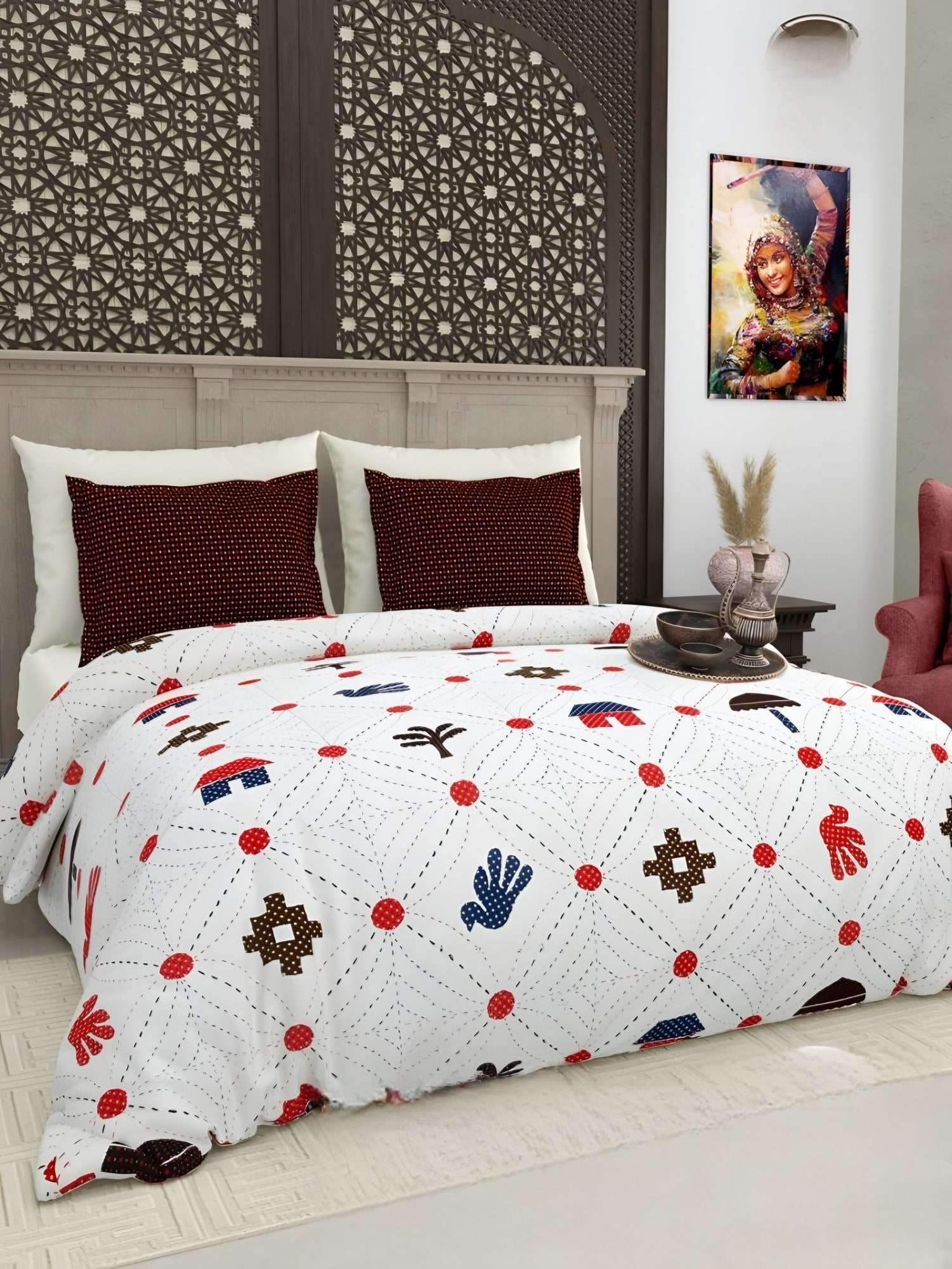 Gujri Patch Folk Icons Cotton Bedsheet Set in Red (GP-06) on a made bed