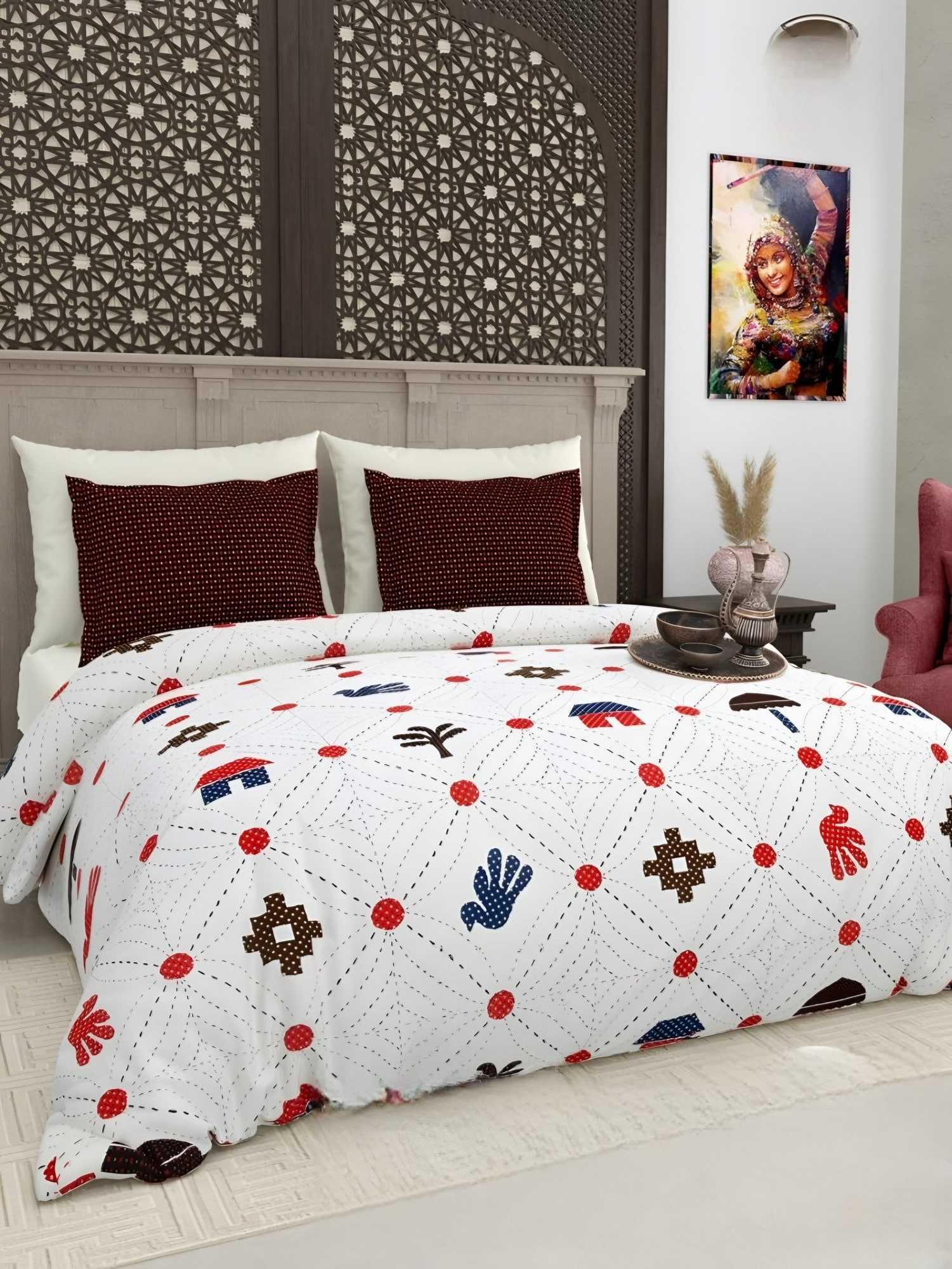 Gujri Patch Folk Icons Cotton Bedsheet Set in Red (GP-06) on a made bed