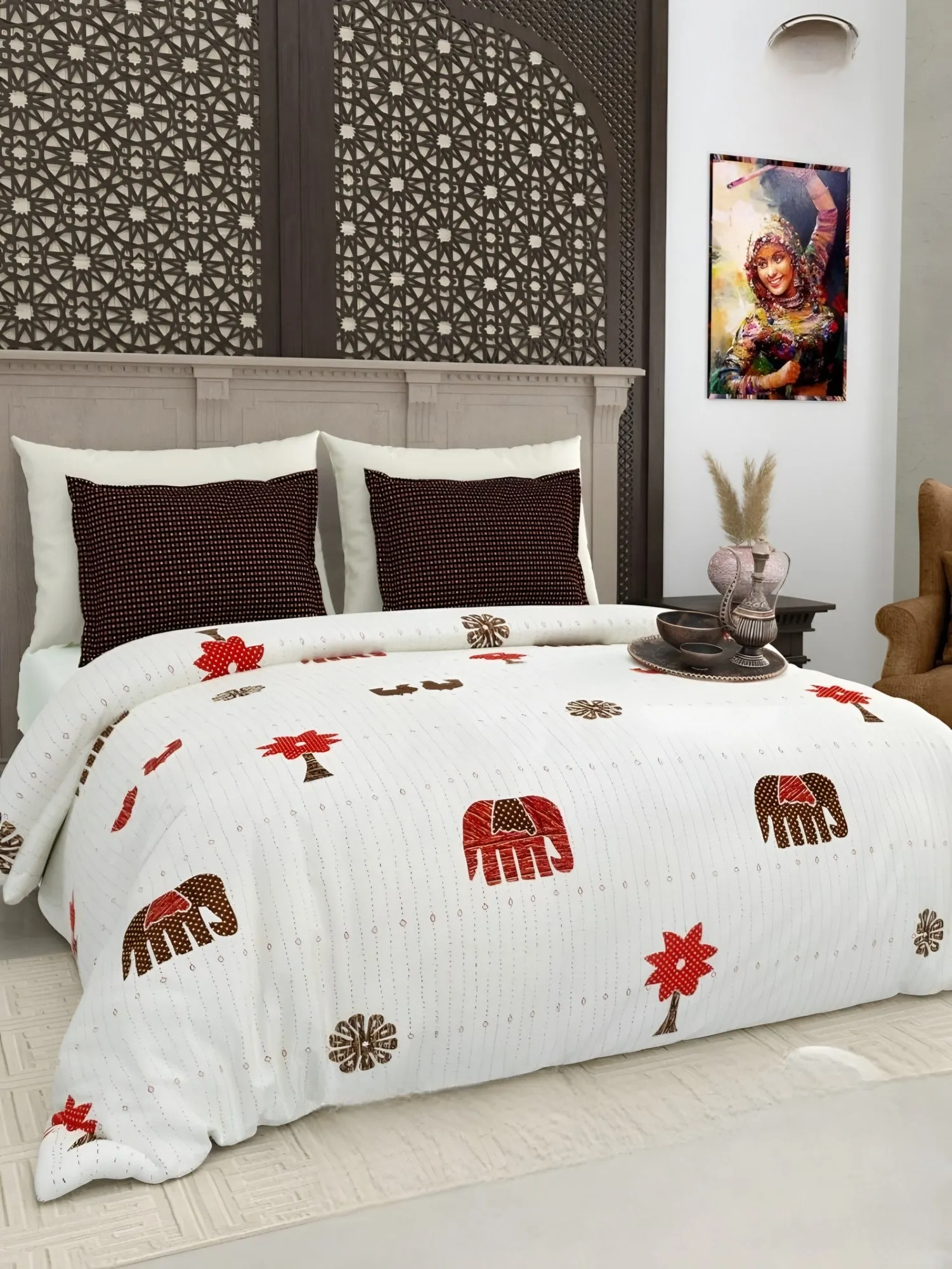 Gujri Patch Elephant & Tree Cotton Bedsheet Set in Red (GP-07) on a made bed