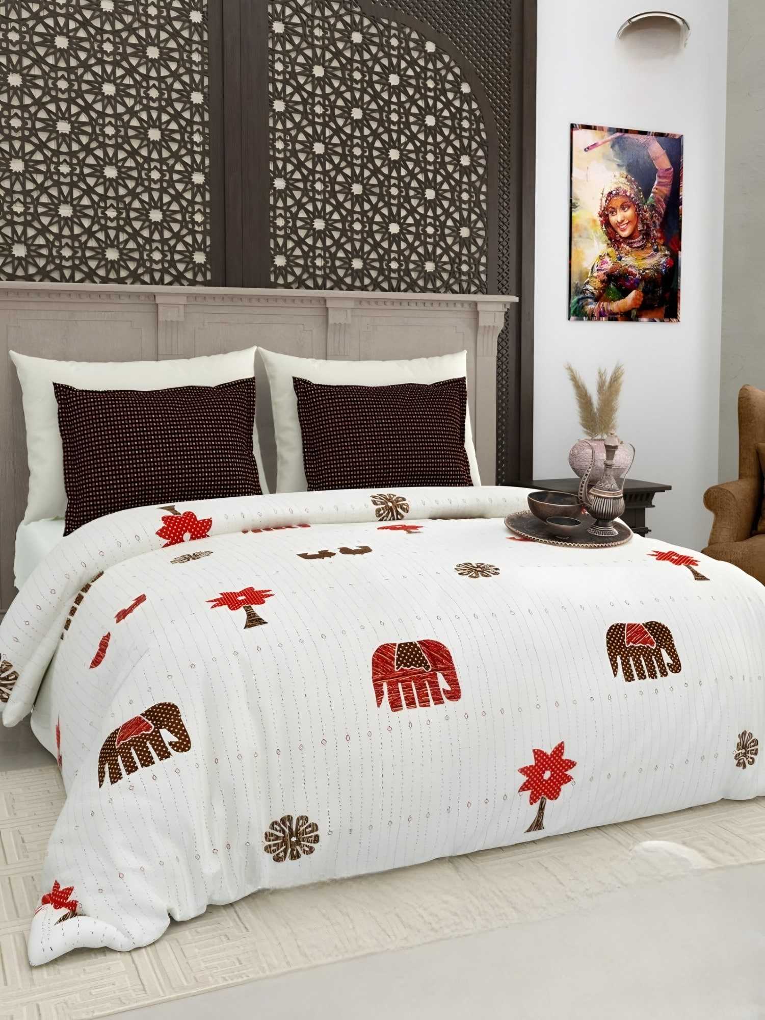 Gujri Patch Elephant & Tree Cotton Bedsheet Set in Red (GP-07) on a made bed