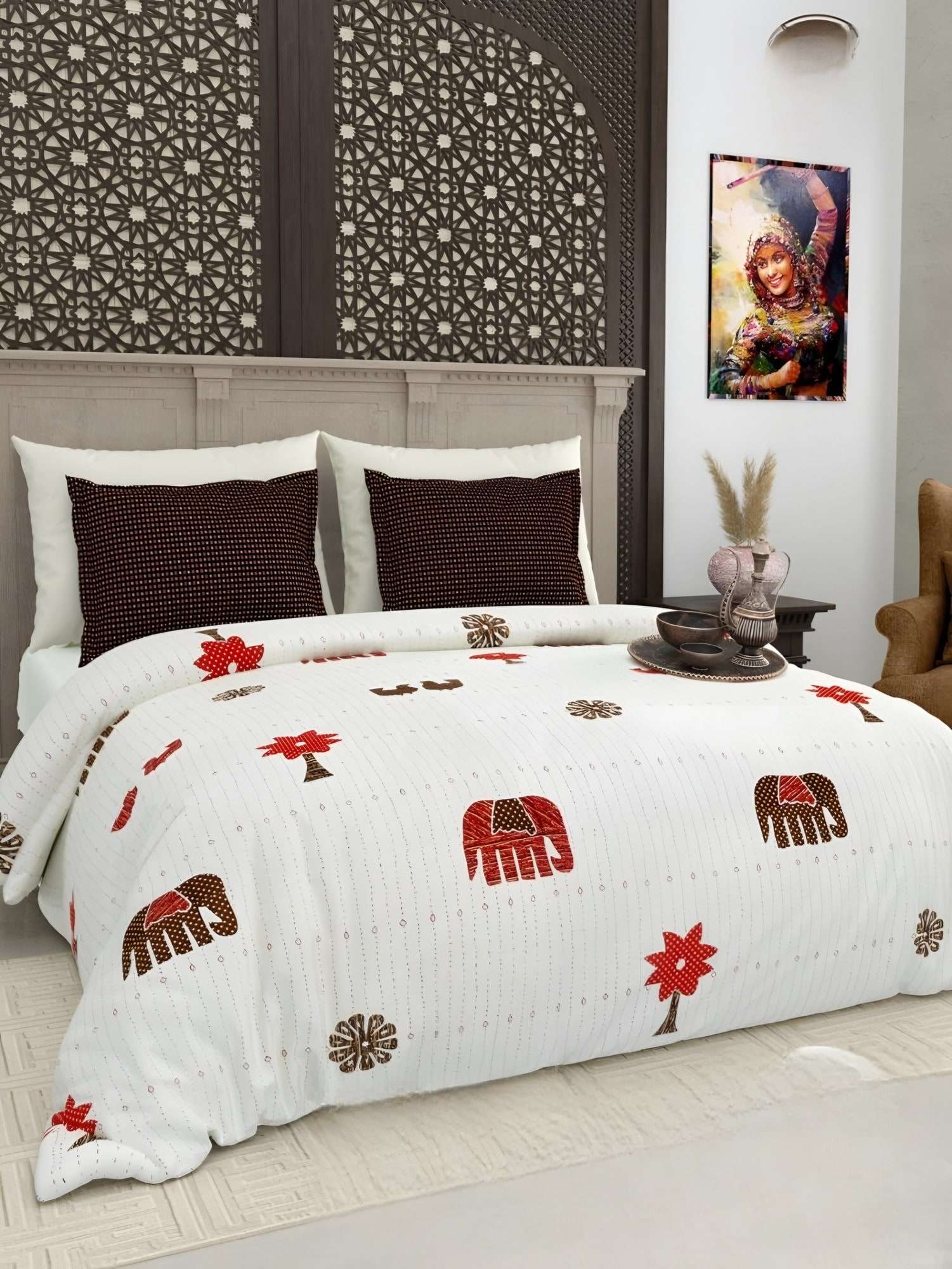Gujri Patch Elephant & Tree Cotton Bedsheet Set in Red (GP-07) on a made bed