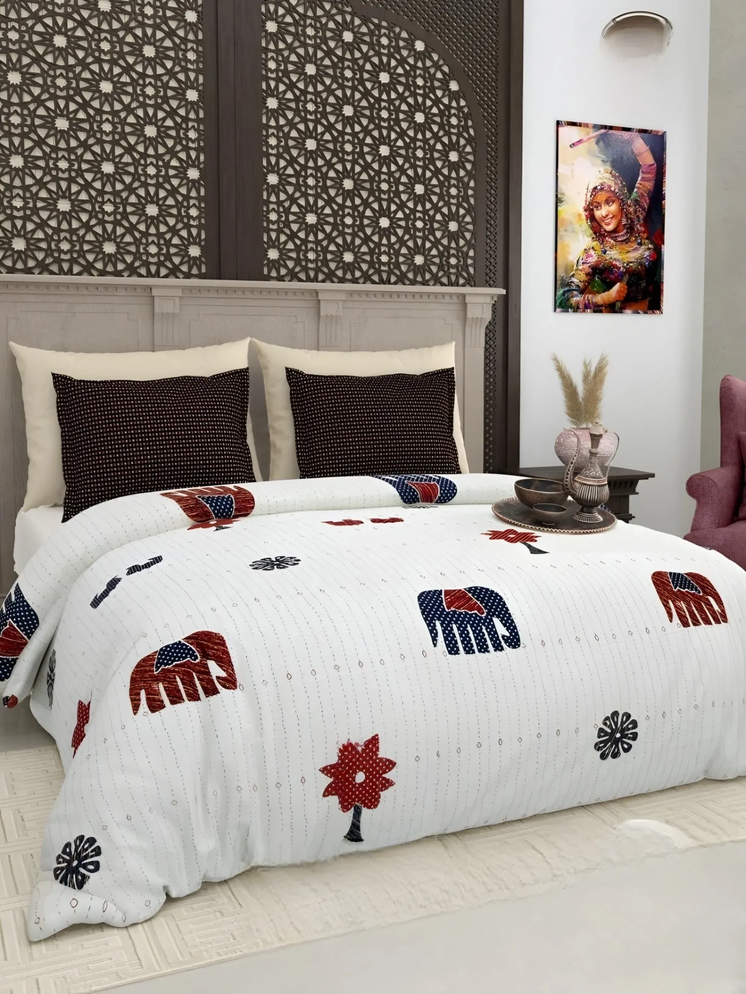 Gujri Patch Elephant & Tree Cotton Bedsheet Set in Maroon (GP-08) on a made bed