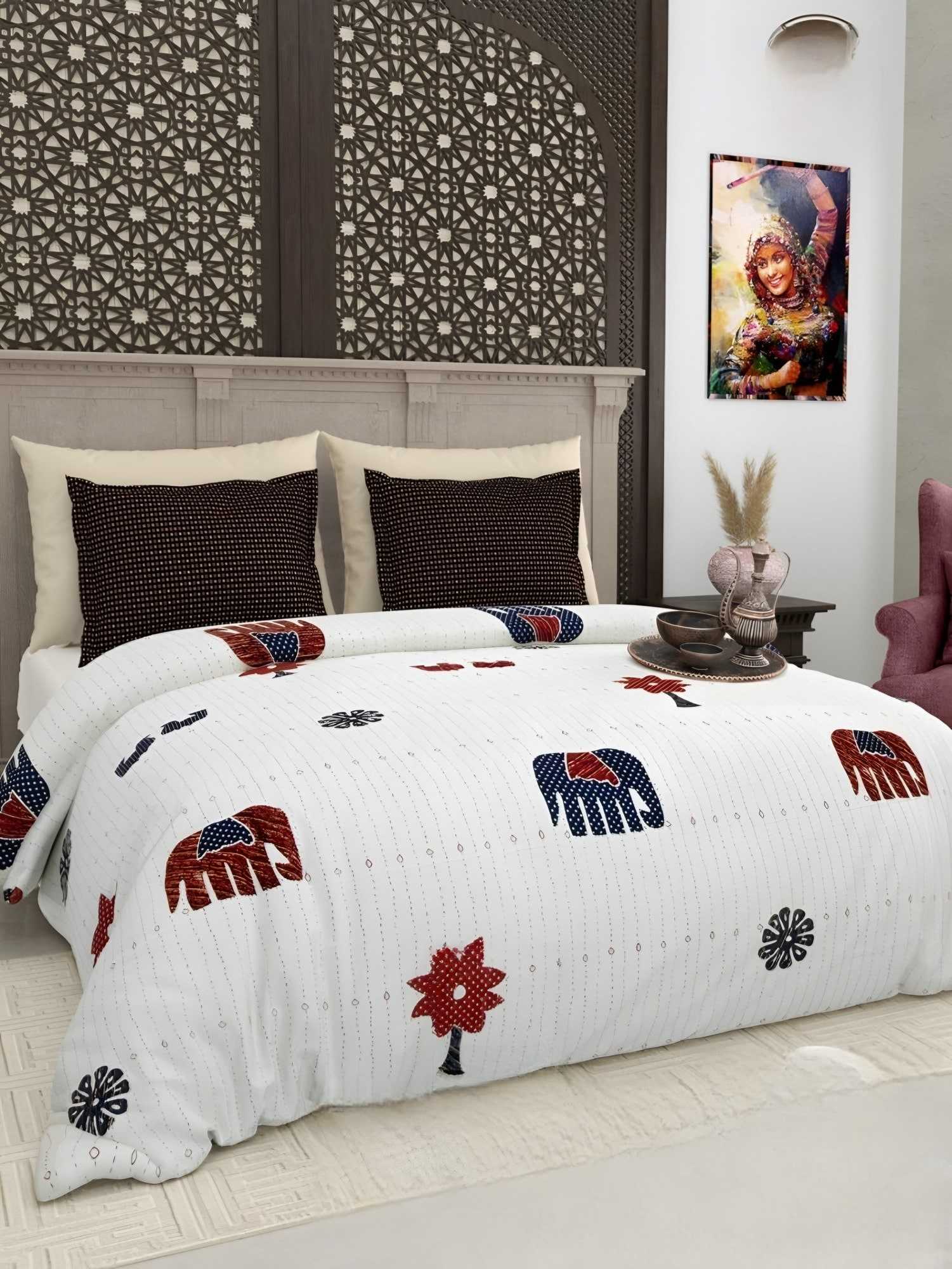 Gujri Patch Elephant & Tree Cotton Bedsheet Set in Maroon (GP-08) on a made bed