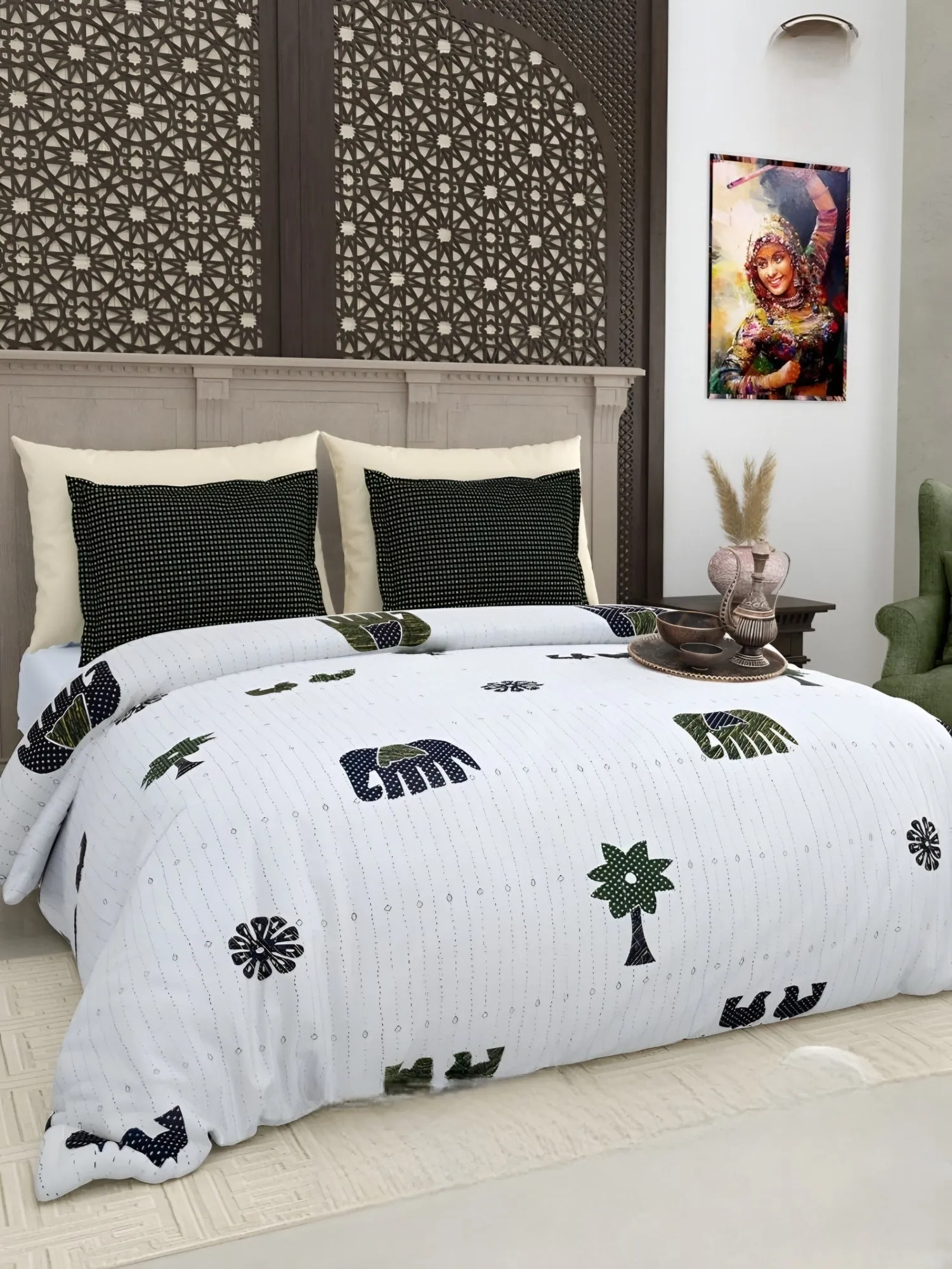 Gujri Patch Elephant & Tree Cotton Bedsheet Set in Green (GP-09) on a made bed