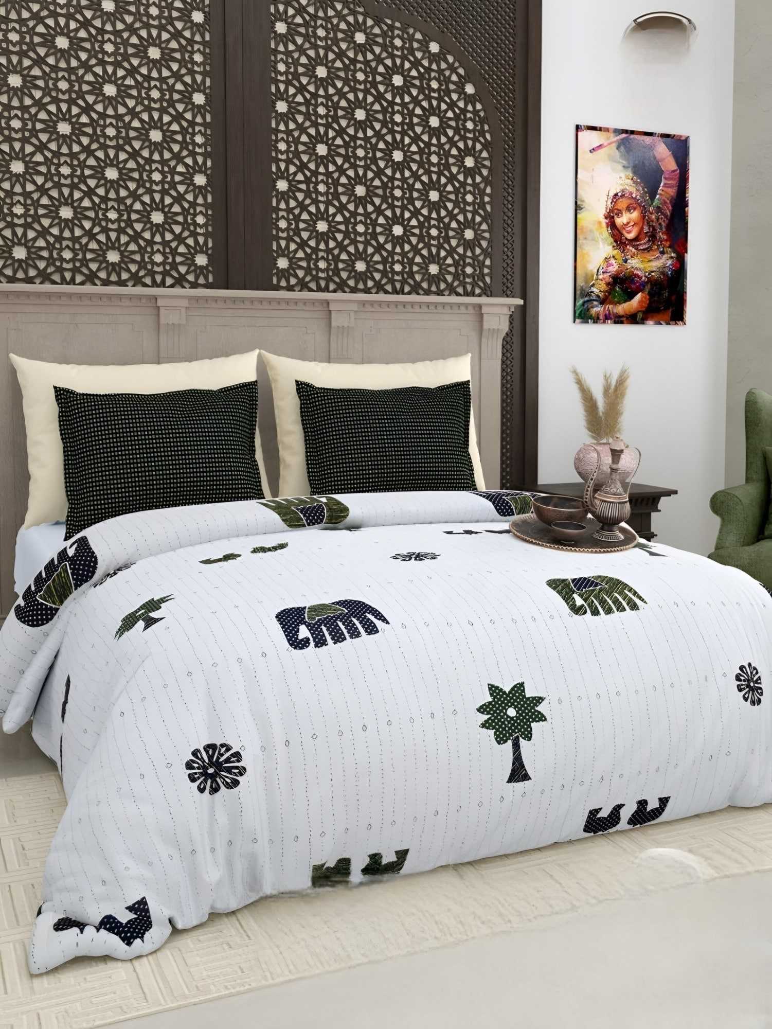 Gujri Patch Elephant & Tree Cotton Bedsheet Set in Green (GP-09) on a made bed