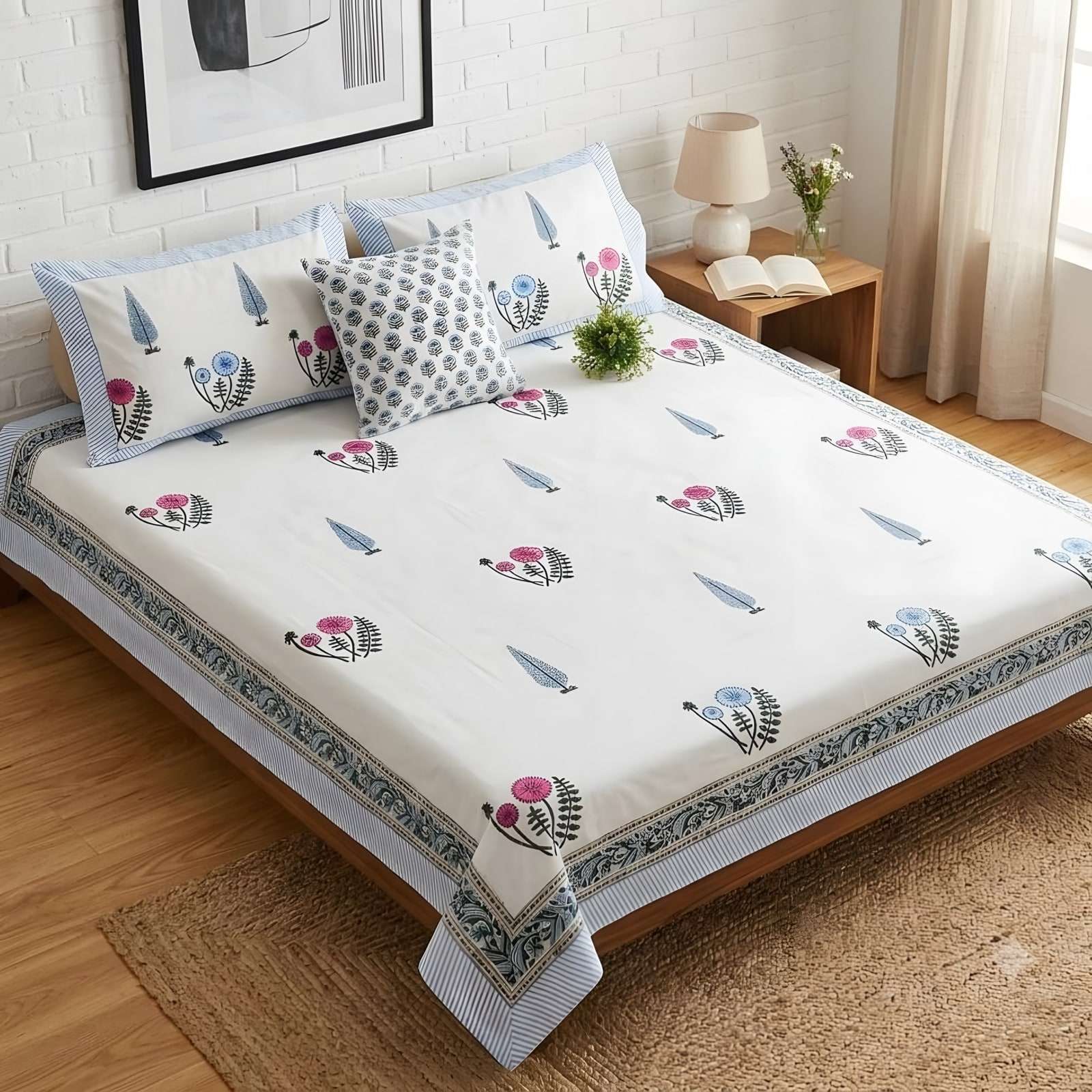 Percale Hand Block Blue & Rose Buti Bedsheet Set (HP-01)