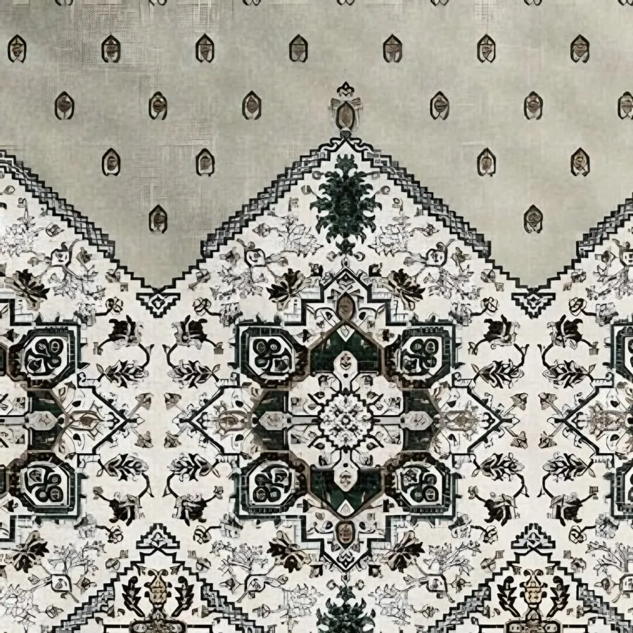 Close-up of the medallion border print in Sage (IB-01)