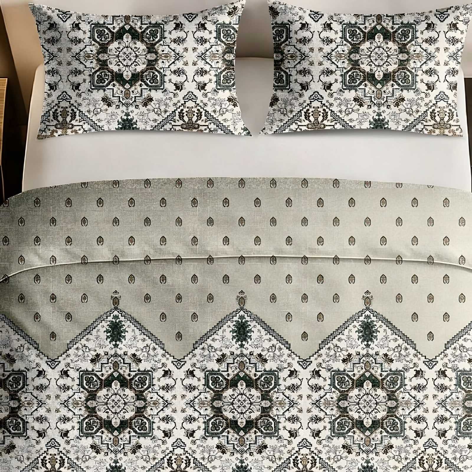 Italian Beauty Medallion Border Cotton Bedsheet Set in Sage (IB-01) on a made bed