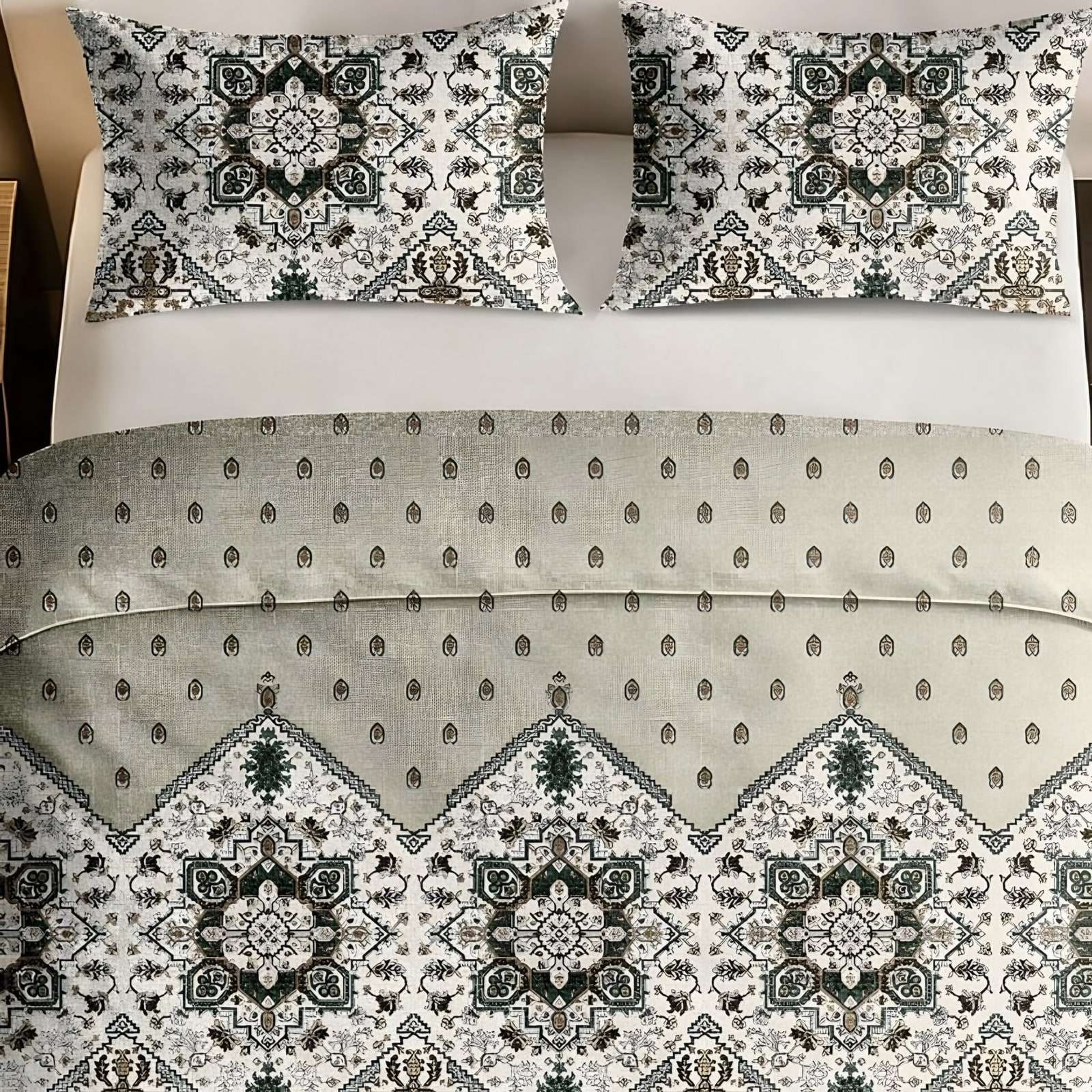 Italian Beauty Medallion Border Cotton Bedsheet Set in Sage (IB-01) on a made bed