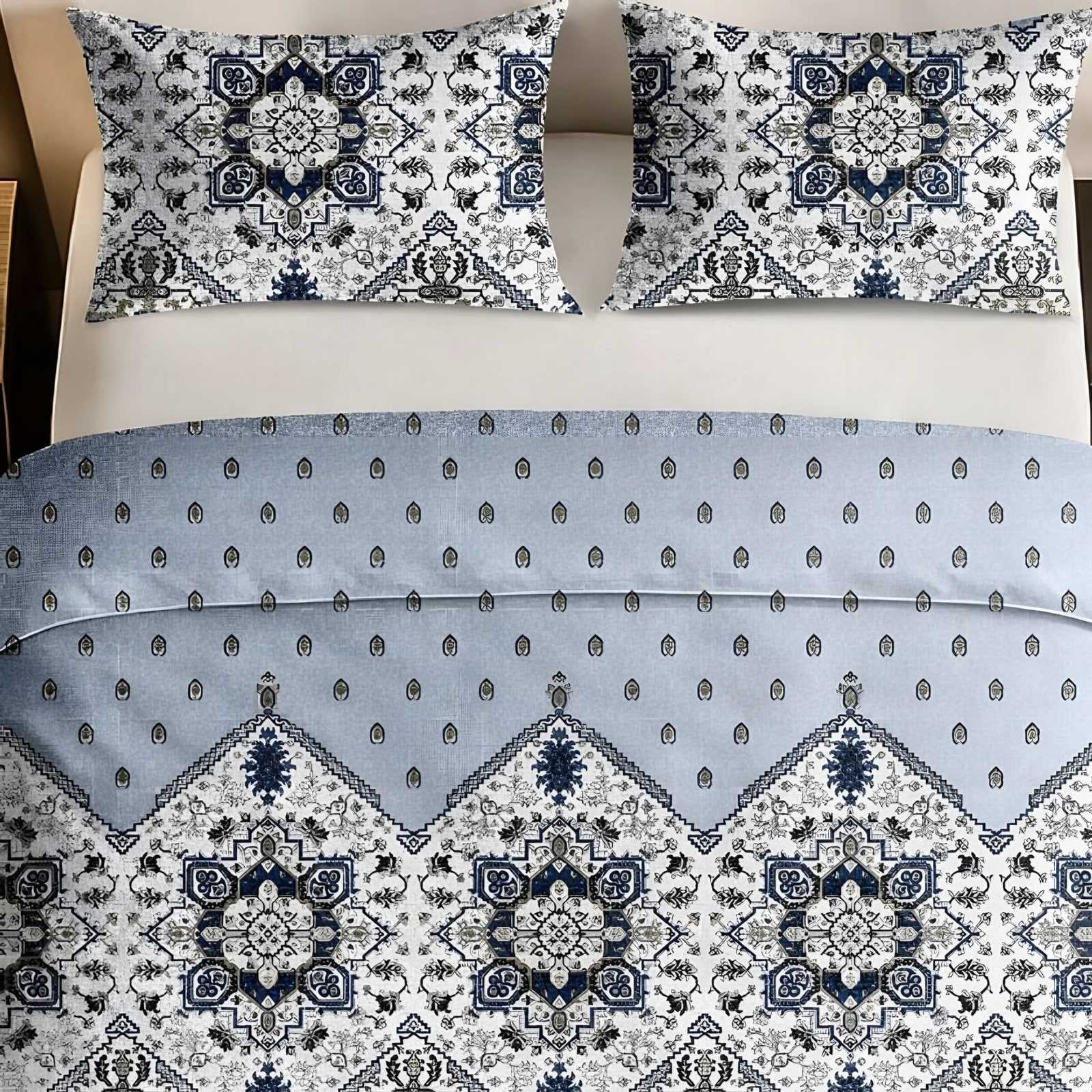 Italian Beauty Medallion Border Cotton Bedsheet Set in Sky blue (IB-02) on a made bed