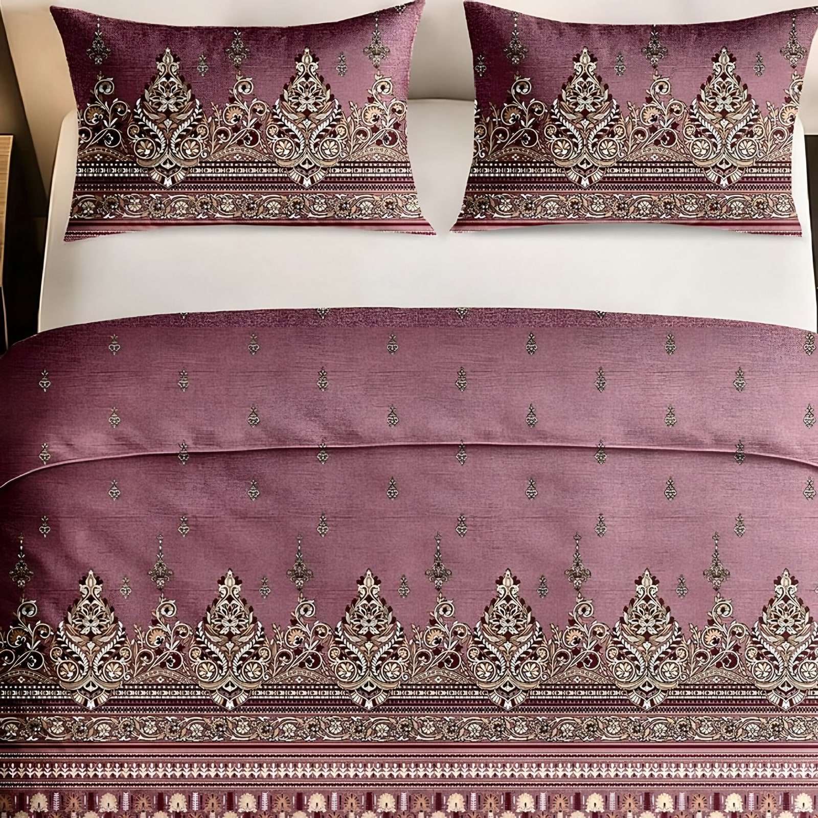 Italian Beauty Kalka Border Cotton Bedsheet Set in Rose (IB-03) on a made bed