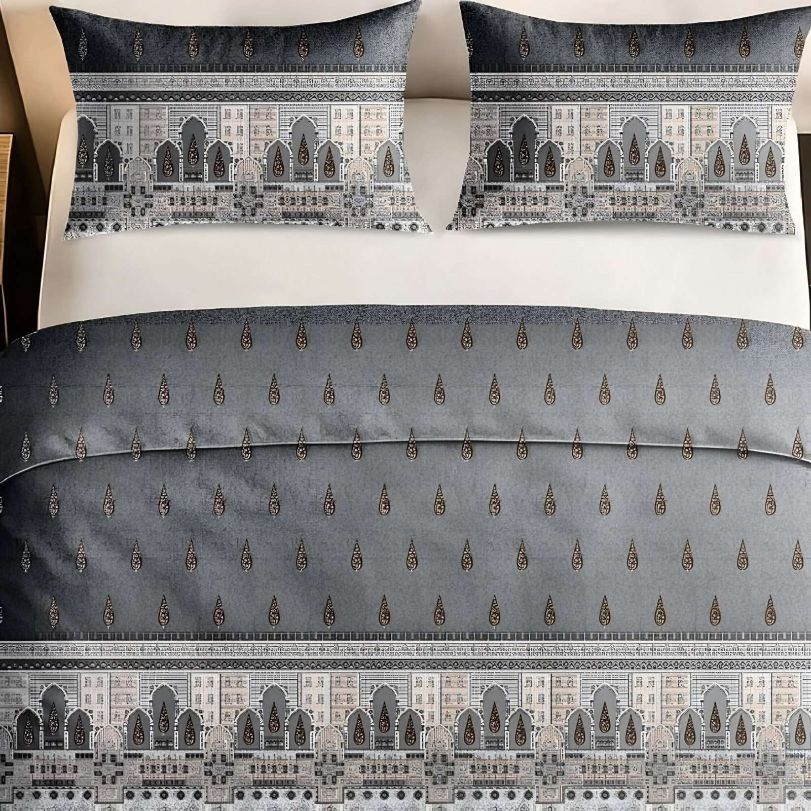 Italian Beauty Arch Border Cotton Bedsheet Set in Grey (IB-04) on a made bed