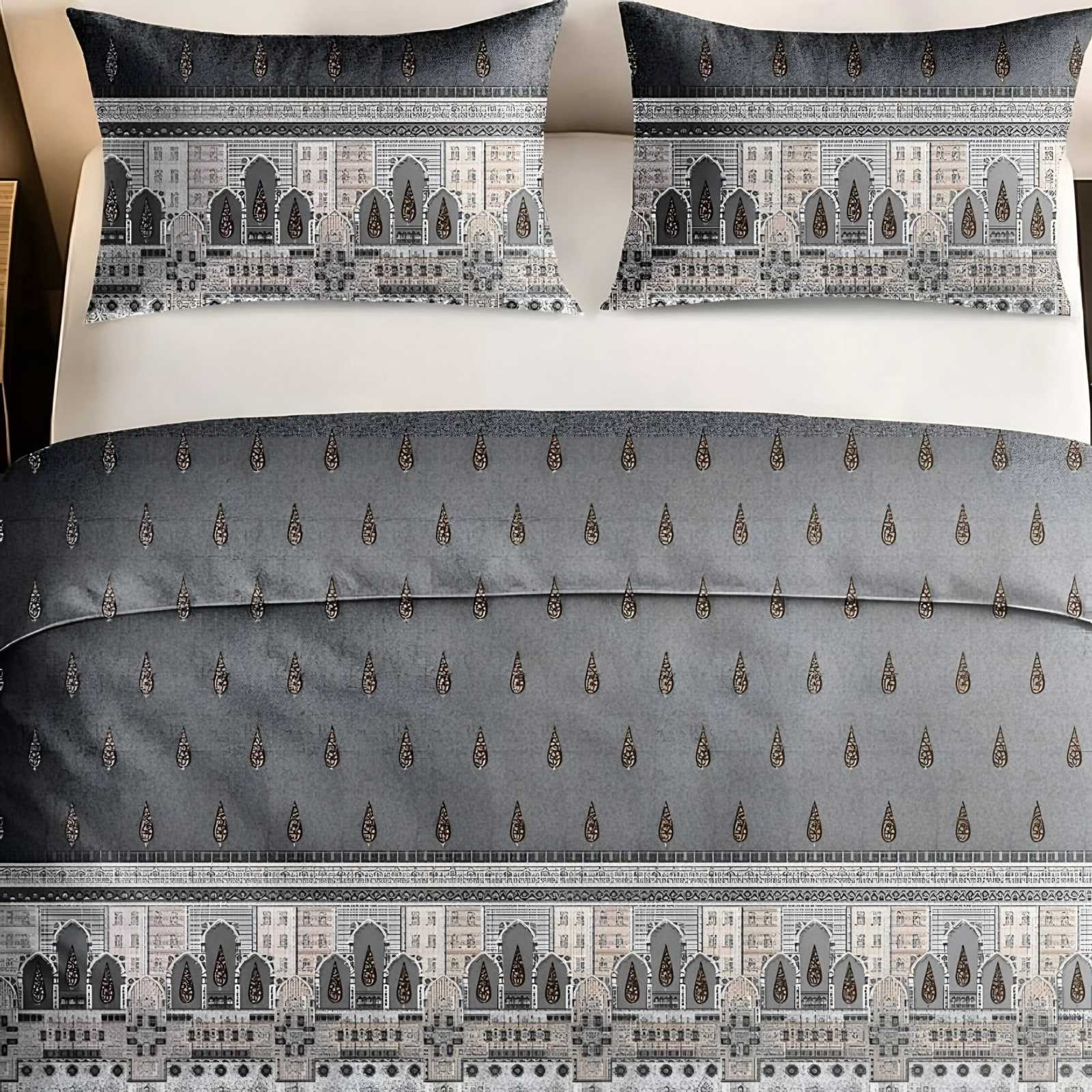 Italian Beauty Arch Border Cotton Bedsheet Set in Grey (IB-04) on a made bed