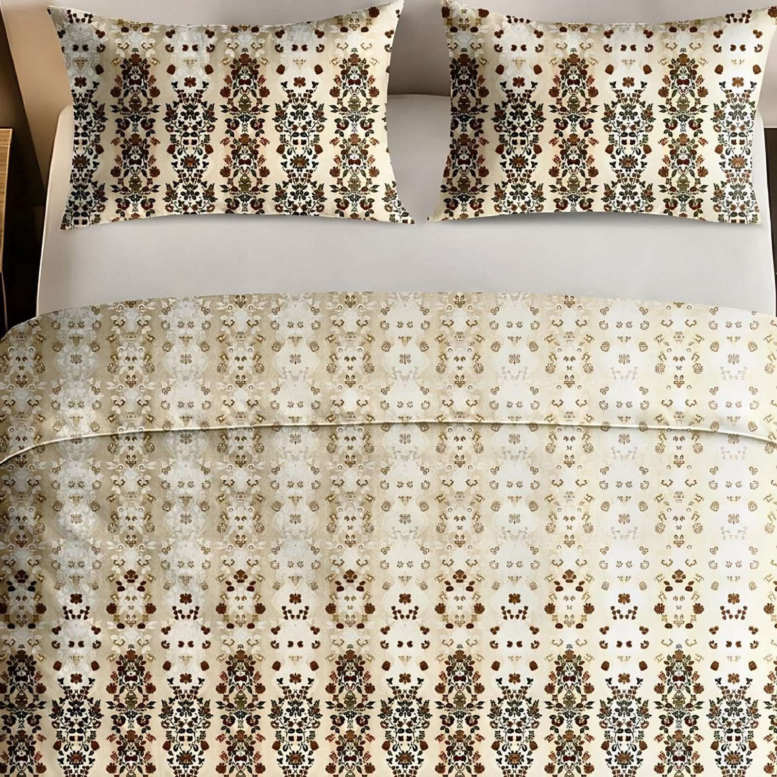 Italian Beauty Buta Panel Cotton Bedsheet Set in Cream & gold (IB-05) on a made bed