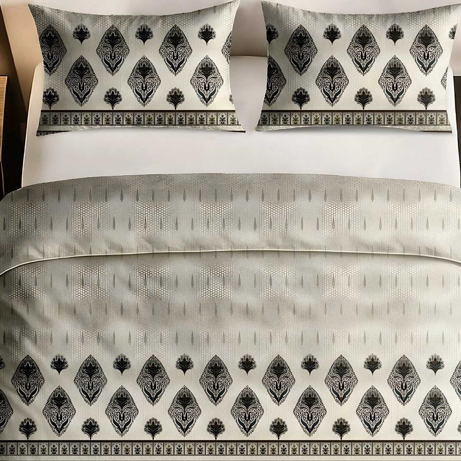 Italian Beauty Diamond Border Cotton Bedsheet Set in Sage (IB-06) on a made bed
