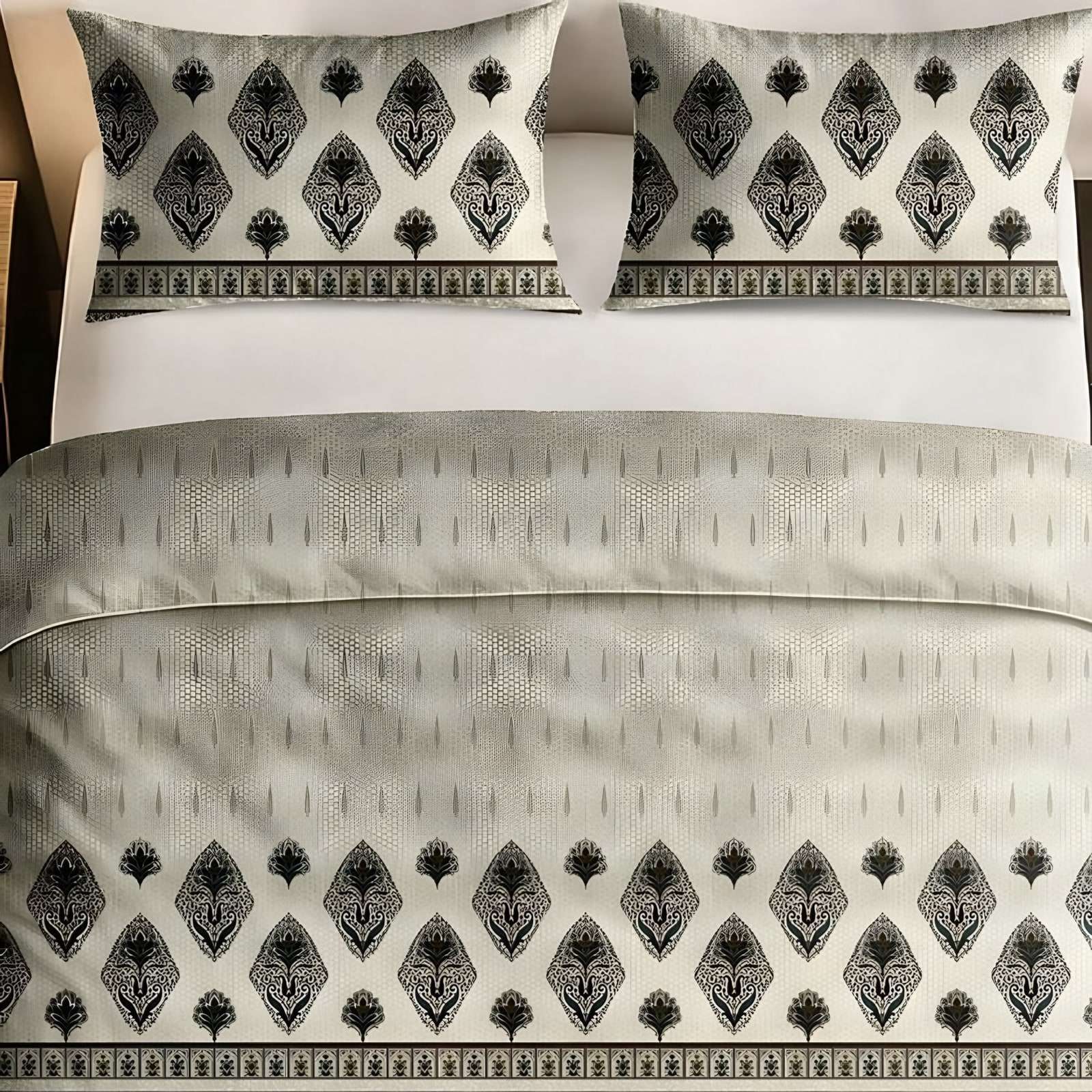 Italian Beauty Diamond Border Cotton Bedsheet Set in Sage (IB-06) on a made bed