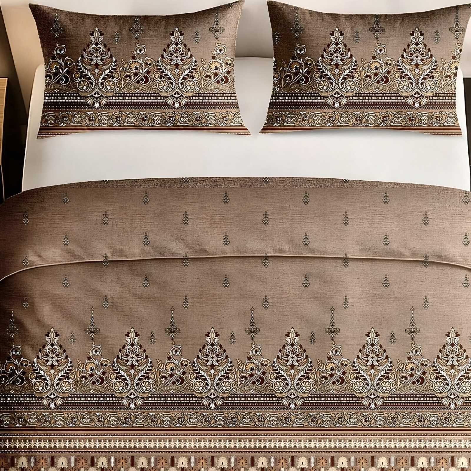 Italian Beauty Kalka Border Cotton Bedsheet Set in Cocoa (IB-07) on a made bed