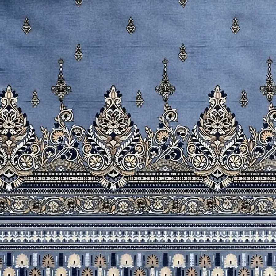 Close-up of the kalka border print in Denim (IB-08)