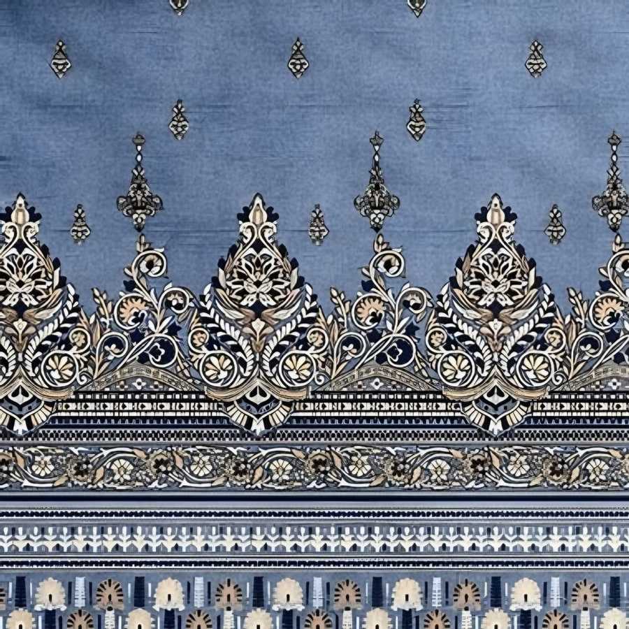 Close-up of the kalka border print in Denim (IB-08)