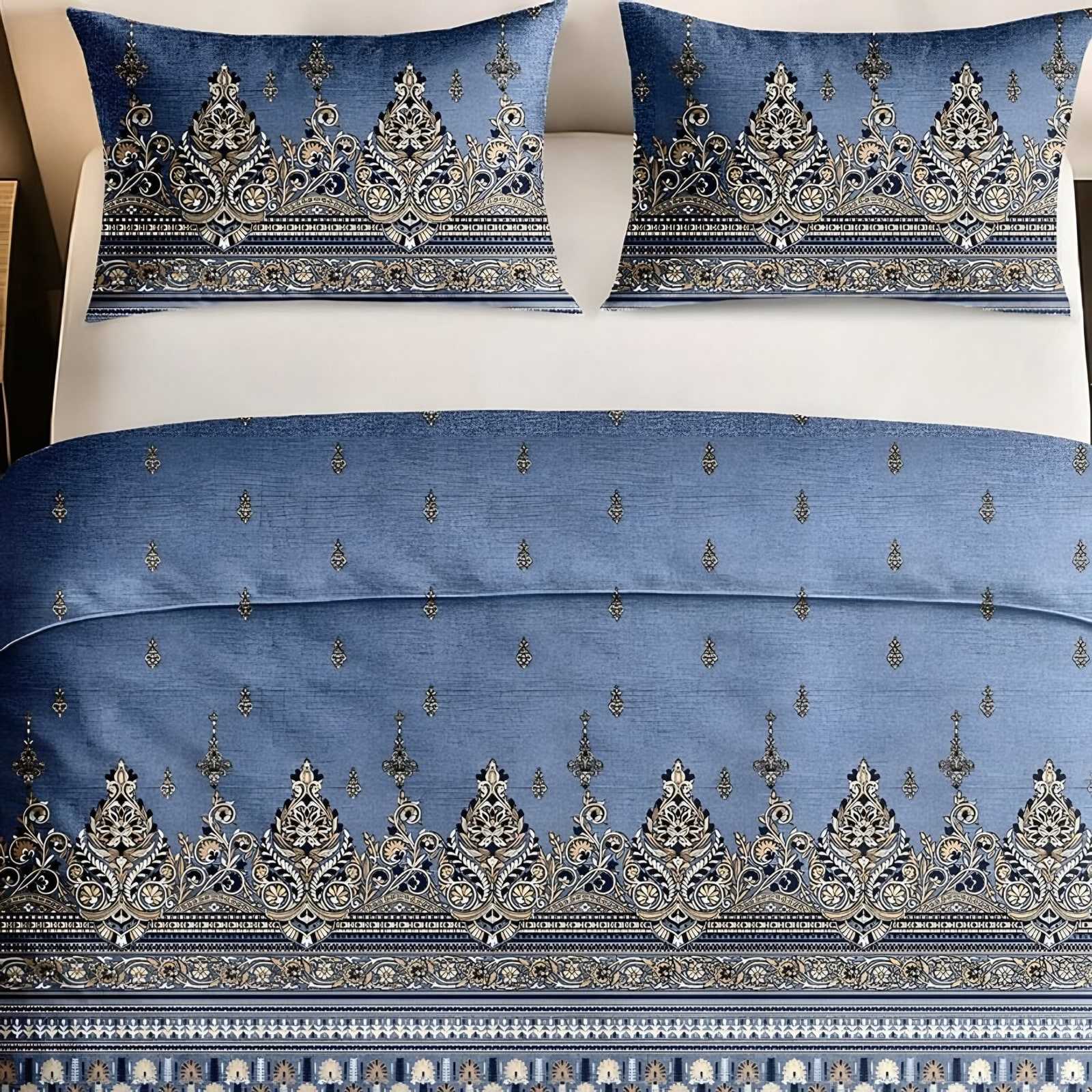Italian Beauty Kalka Border Cotton Bedsheet Set in Denim (IB-08) on a made bed