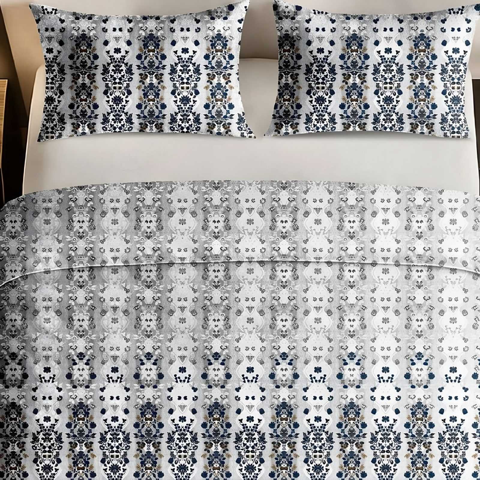 Italian Beauty Buta Panel Cotton Bedsheet Set in White & blue (IB-10) on a made bed