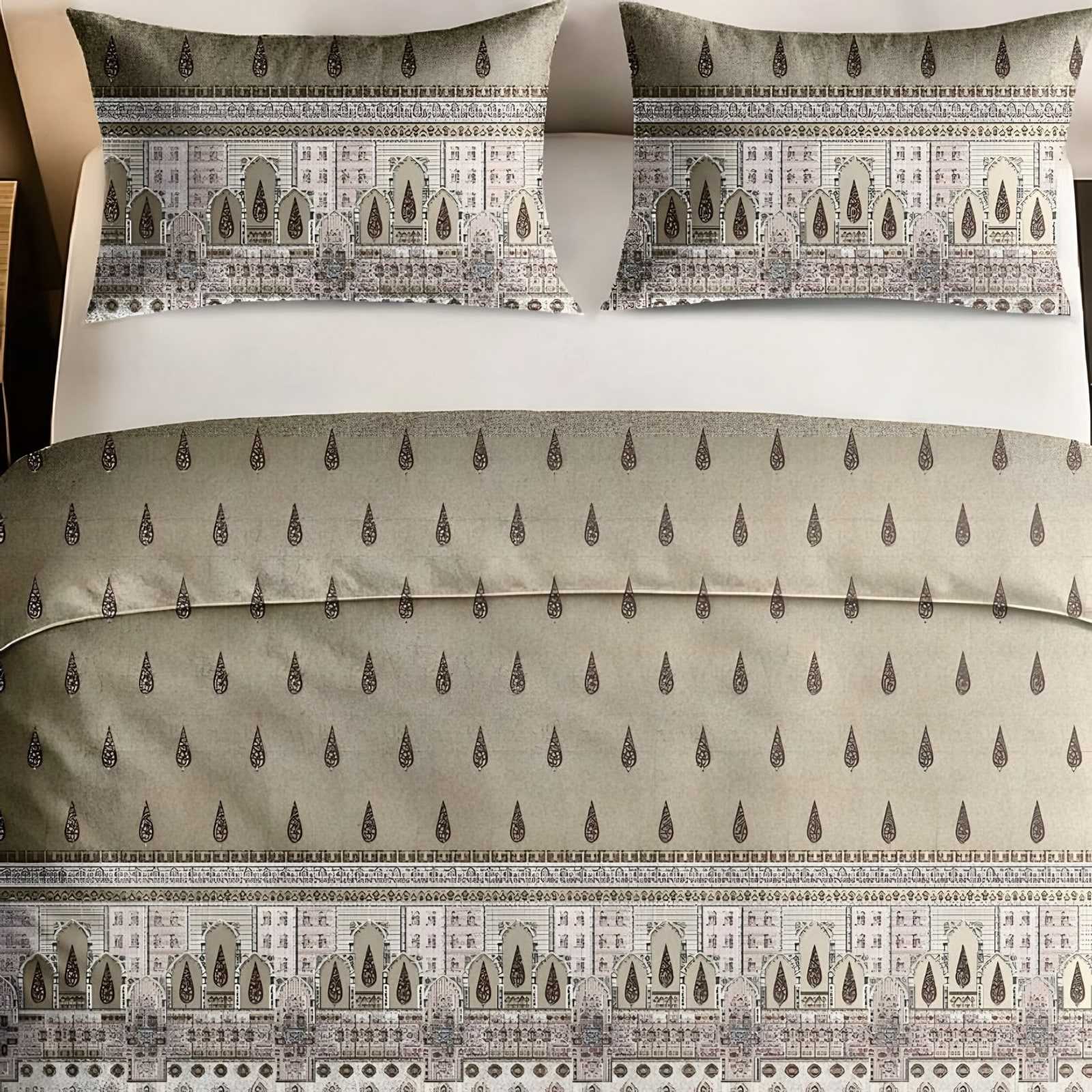 Italian Beauty Arch Border Cotton Bedsheet Set in Sage (IB-11) on a made bed