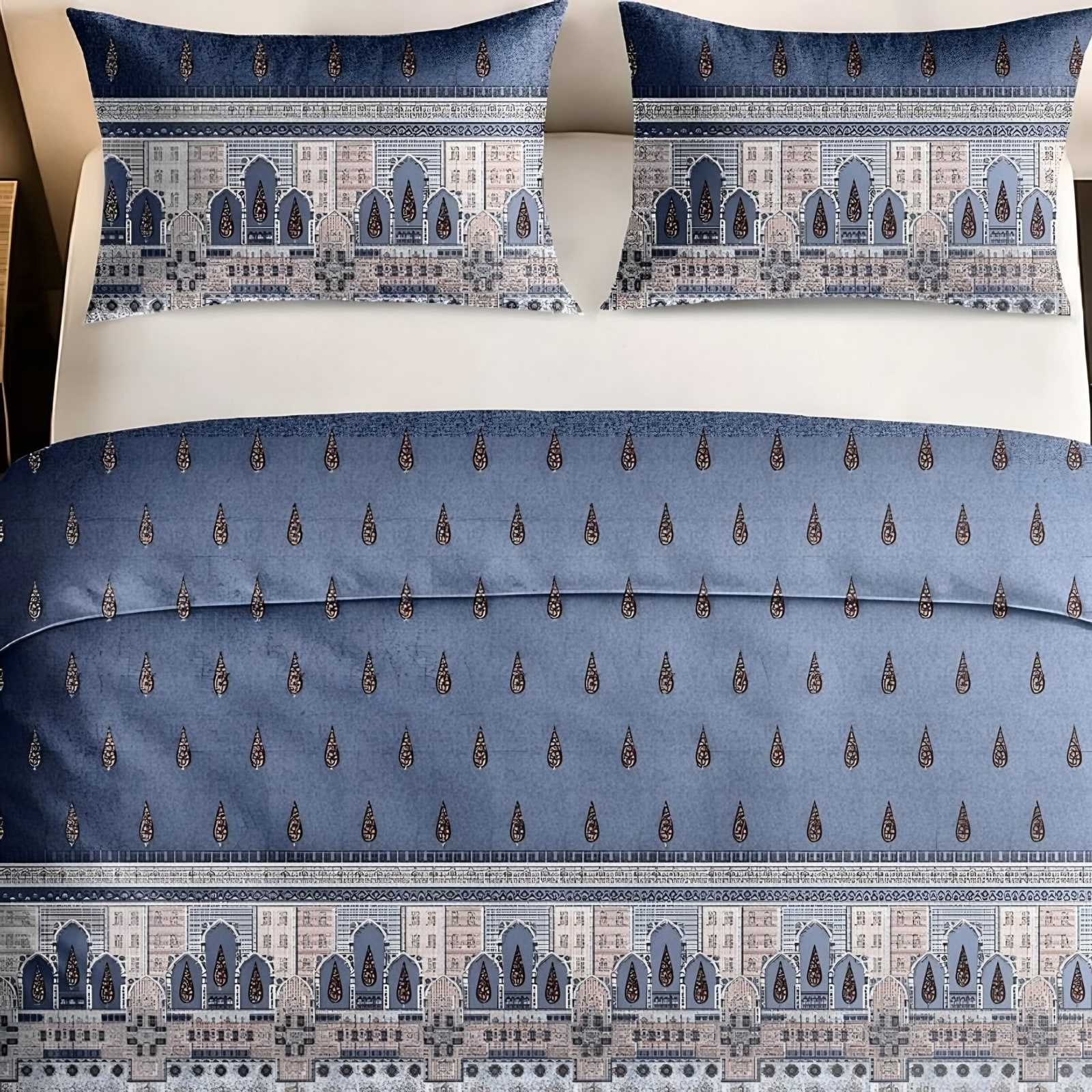 Italian Beauty Arch Border Cotton Bedsheet Set in Blue (IB-12) on a made bed