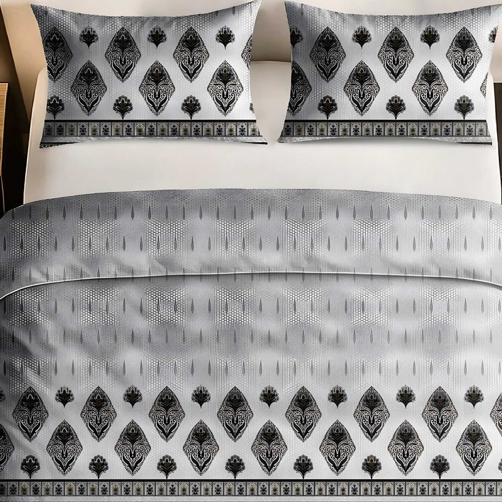 Italian Beauty Diamond Border Cotton Bedsheet Set in Grey (IB-14) on a made bed