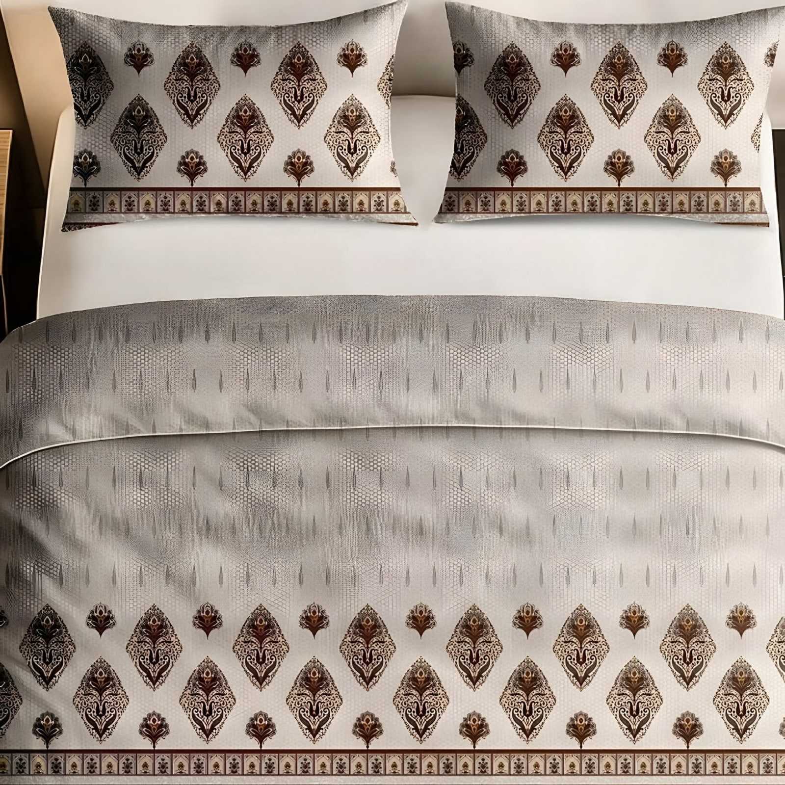 Italian Beauty Diamond Border Cotton Bedsheet Set in Beige & rust (IB-17) on a made bed