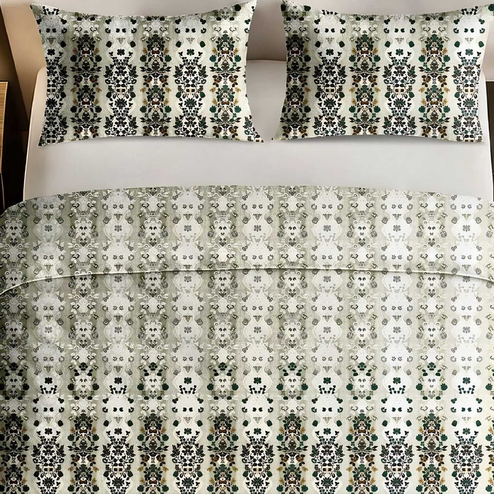 Italian Beauty Buta Panel Cotton Bedsheet Set in Ivory & green (IB-19) on a made bed