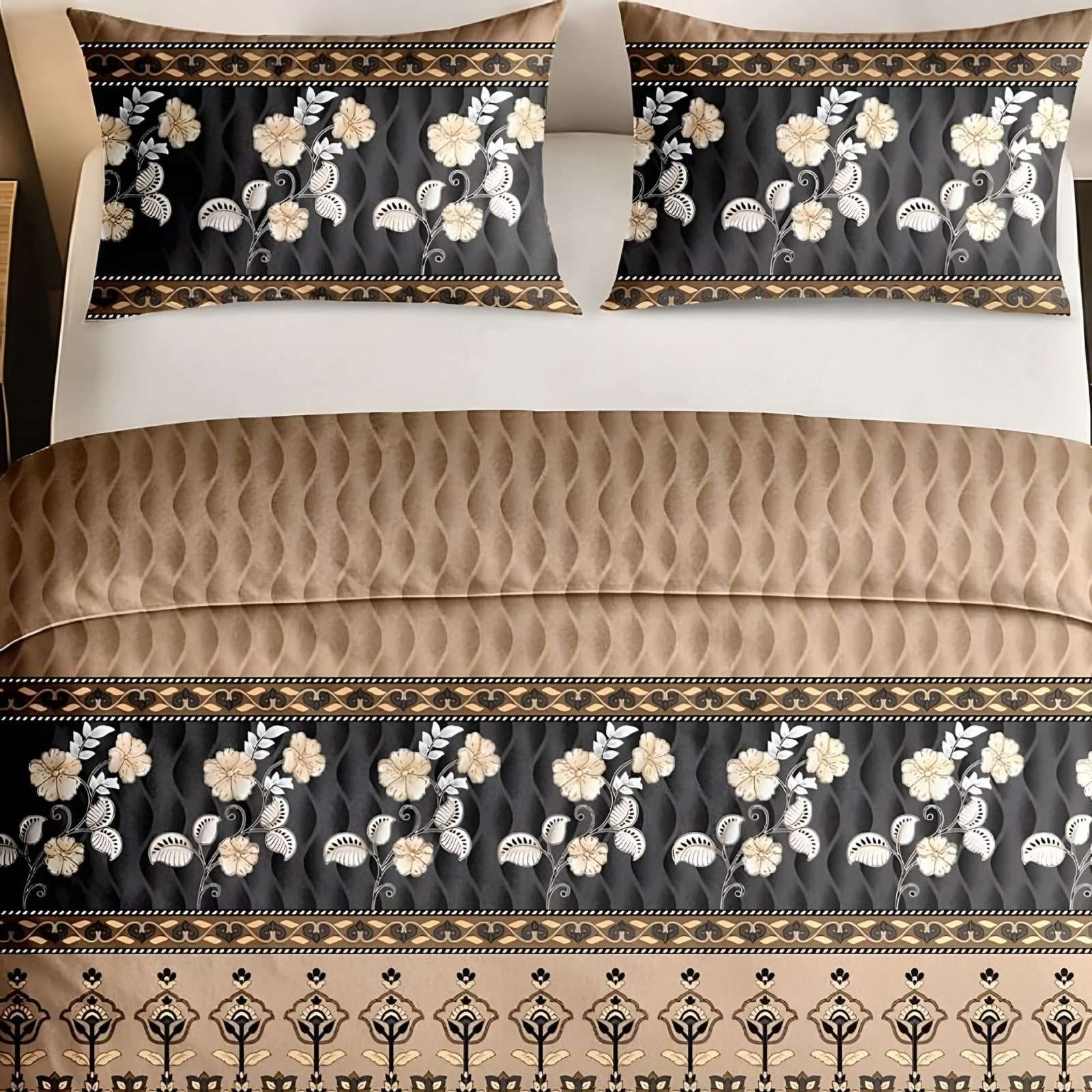 Italian Beauty Floral Band Cotton Bedsheet Set in Caramel (IB-21) on a made bed